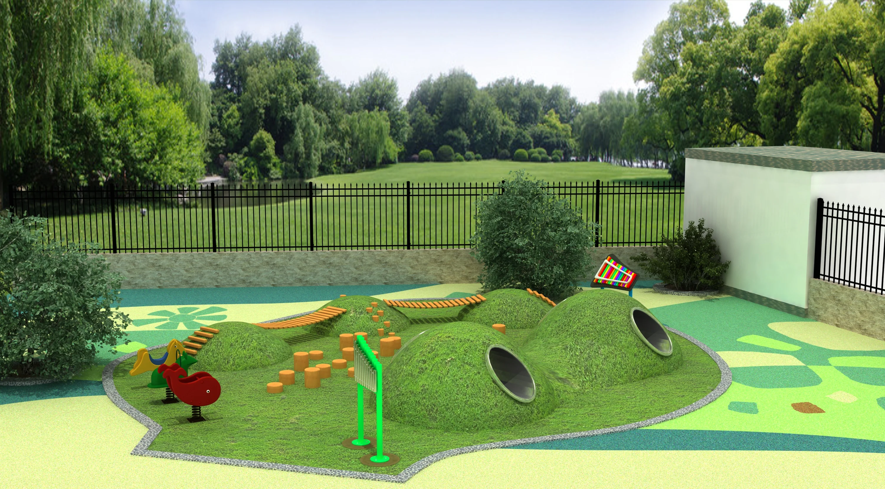 nature themed mound playground outdoor landscaped, Natural Wood, Sustainable, Biophilic Design by HonPlay - full product view
