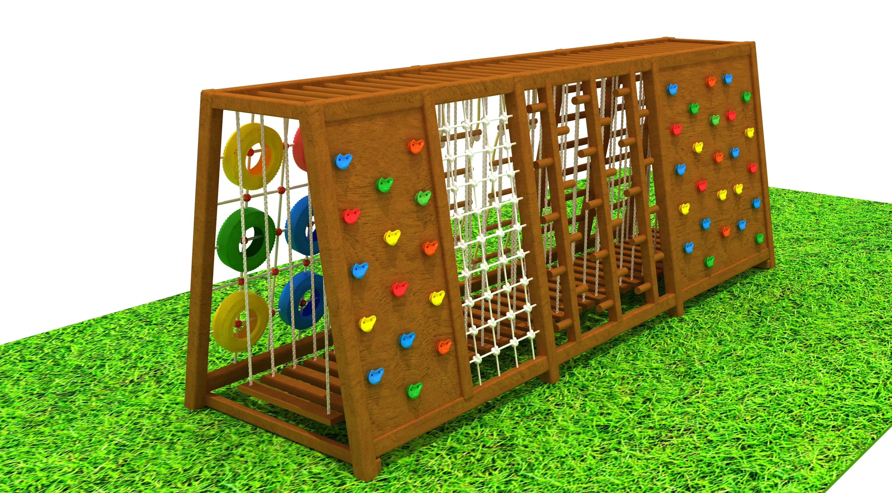 multi functional wooden climbing frame outdoor, Natural Wood, Sustainable, Biophilic Design by HonPlay - full product view