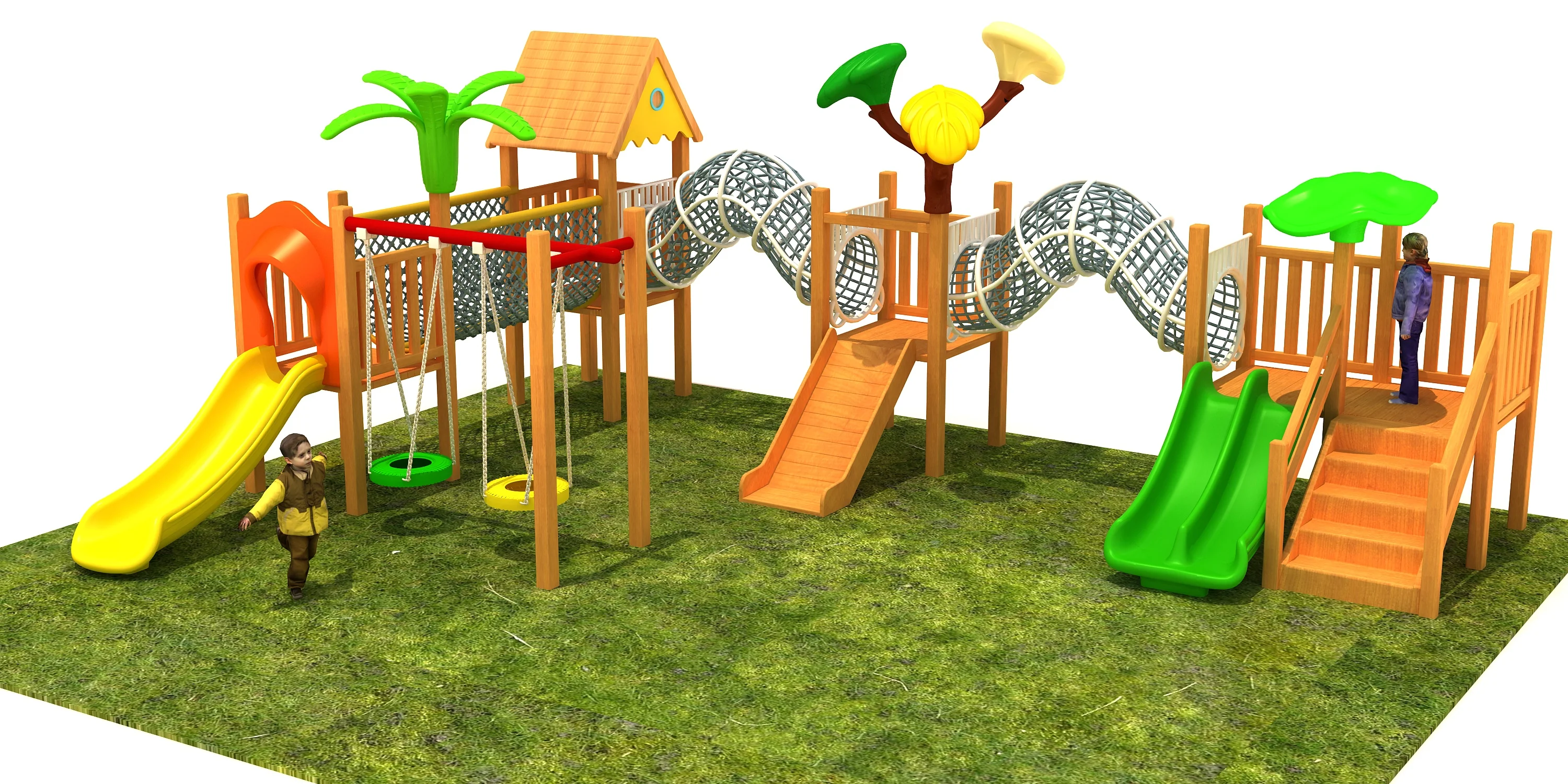 jungle adventure wooden playground structure premium, Natural Wood, Sustainable, Biophilic Design by HonPlay - full product view