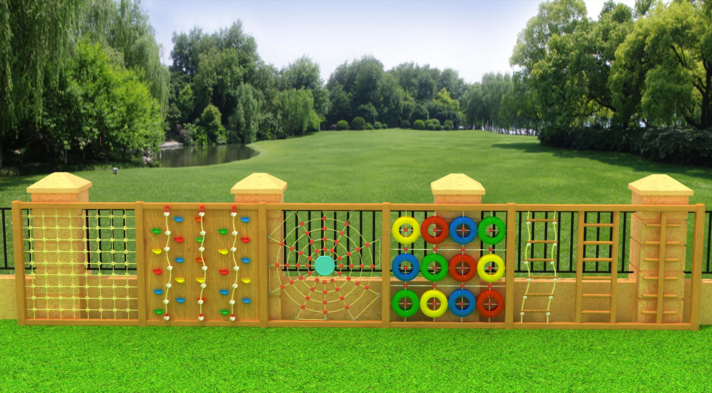 outdoor modular climbing wall system multi, Natural Wood, Sustainable, Biophilic Design by HonPlay - safety certification and compliance