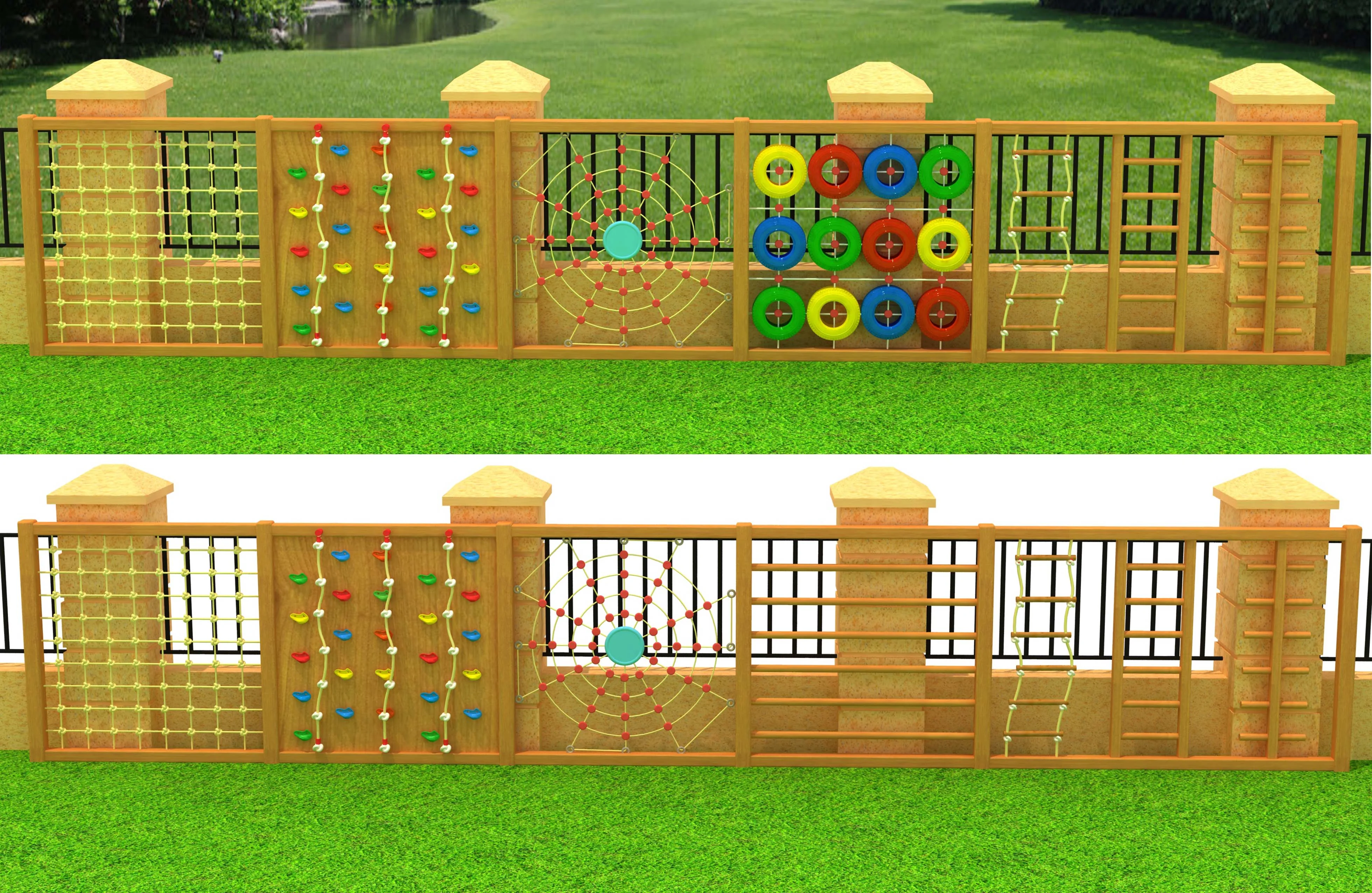 outdoor modular climbing wall system multi, Natural Wood, Sustainable, Biophilic Design by HonPlay - full product view