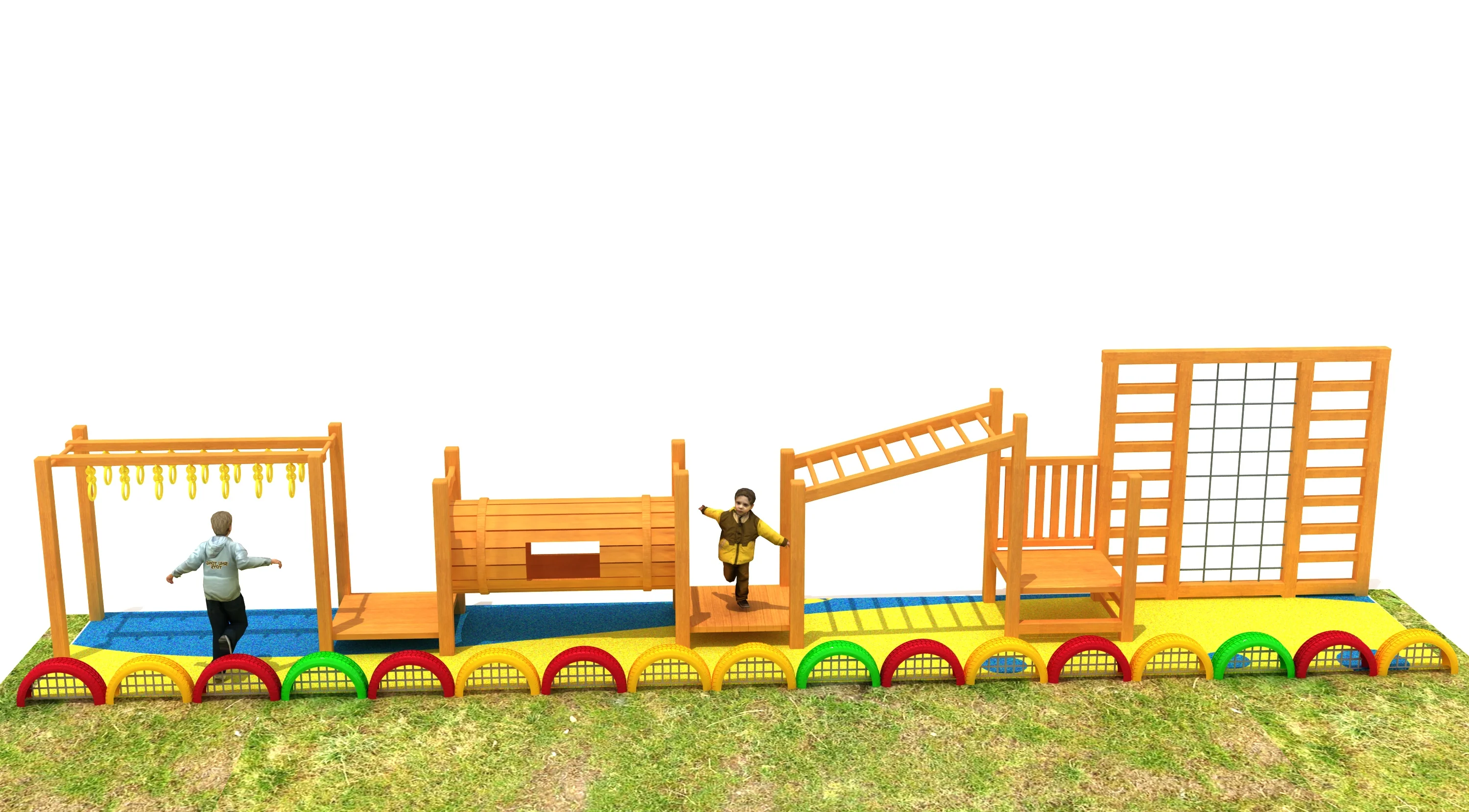 wooden outdoor obstacle course physical training, Natural Wood, Sustainable, Biophilic Design by HonPlay - full product view