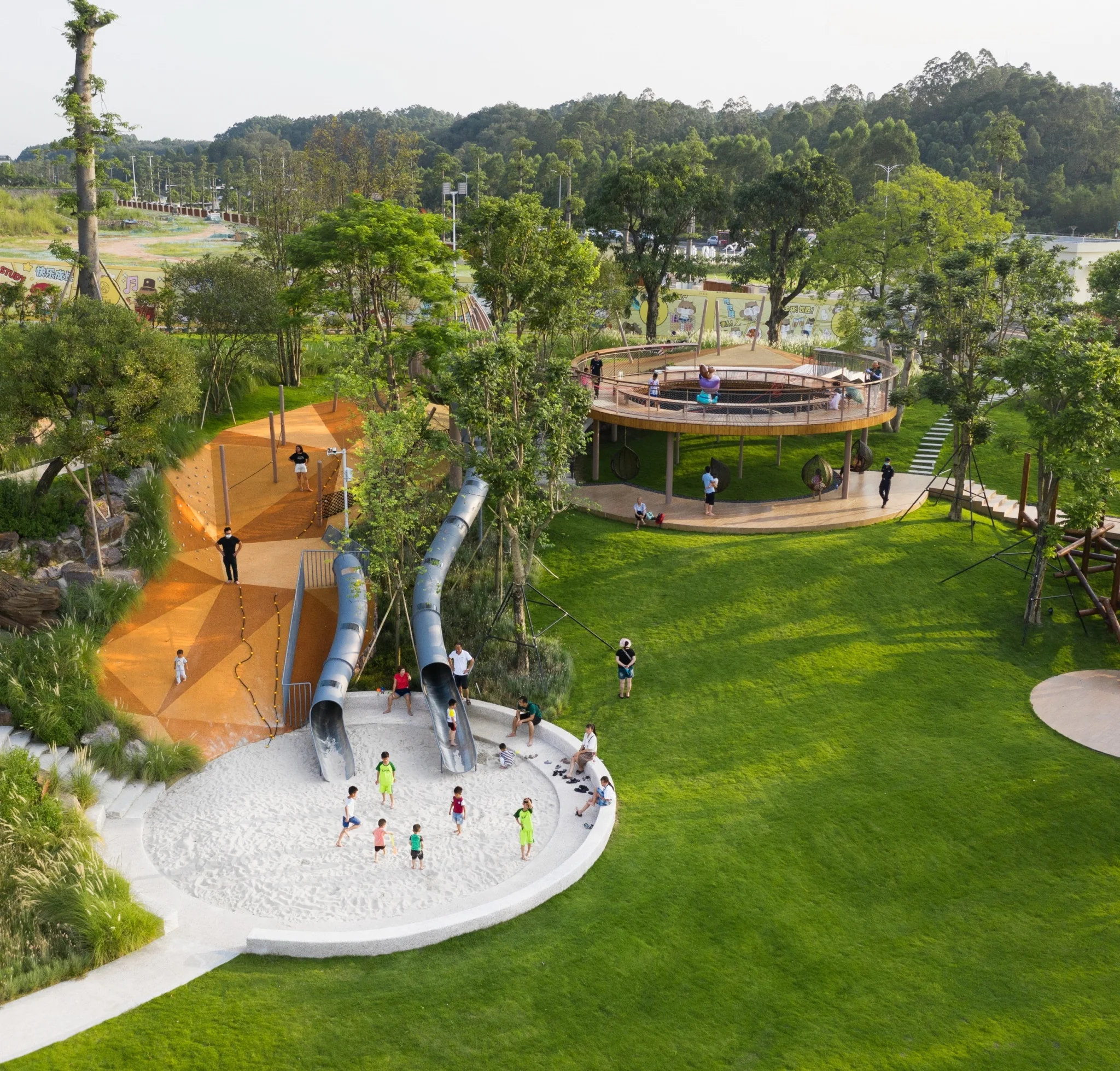 Integrated Outdoor Adventure Playground with Tube Slides and Sandpit - Commercial Non-Powered Play Equipment for Singapore Urban Parks - Playground equipment by HonPlay