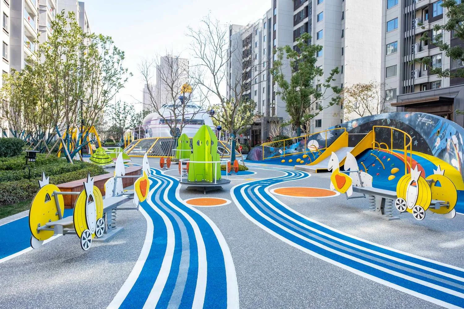 Integrated Multi-Functional Outdoor Play Zone Galvanized Steel & HDPE rocket spring riders and wavy blue track for Singapore