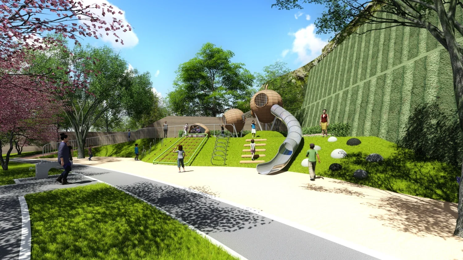 Acorn-Inspired Adventure Pod Galvanized Steel & HDPE 3D render of complete park layout for Singapore