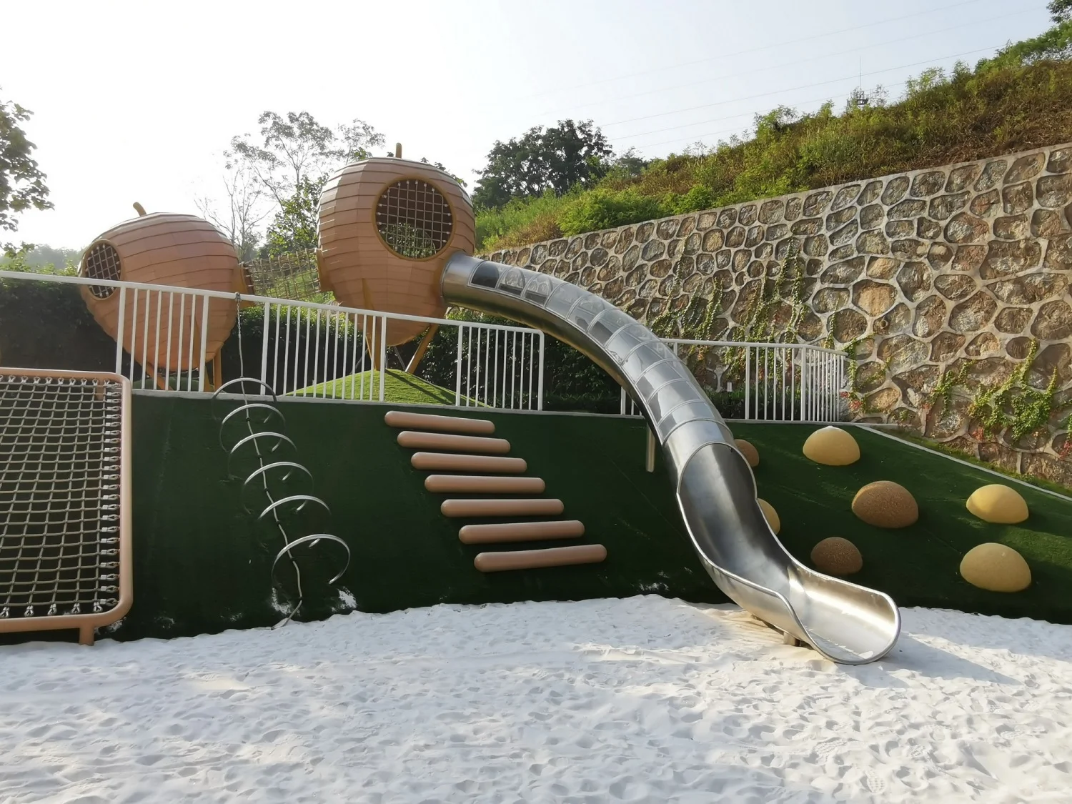 Acorn-Inspired Adventure Pod Galvanized Steel & HDPE stainless steel slide and climbing net for Singapore