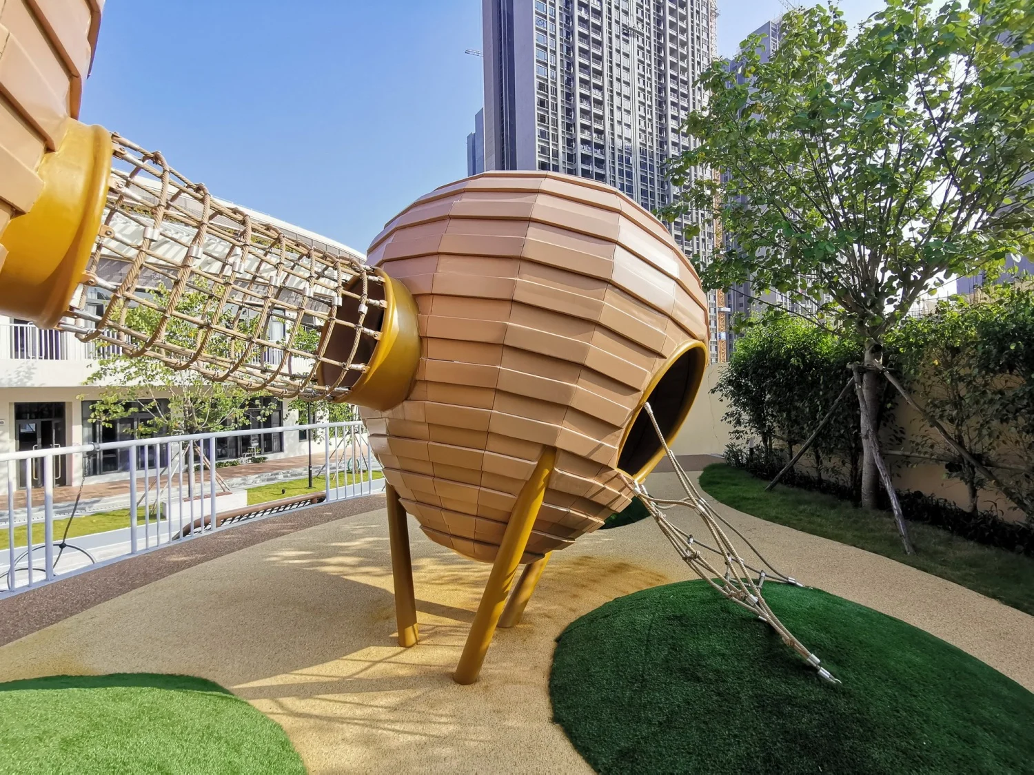 Acorn-Inspired Adventure Pod Galvanized Steel & HDPE rope tunnel and ladder connection for Singapore