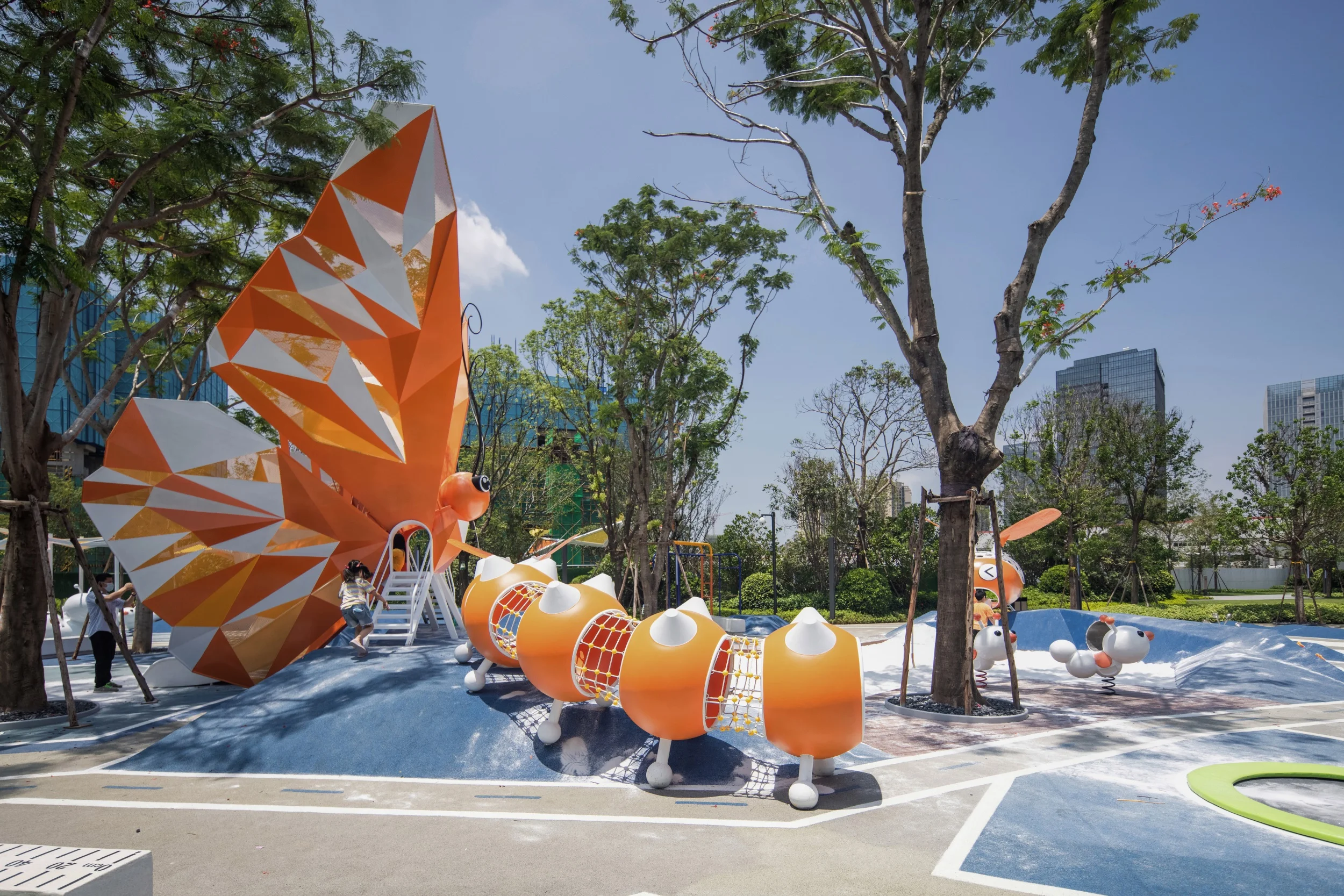 Butterfly Theme Outdoor Playground in Galvanized Steel & HDPE featuring a caterpillar climbing tunnel for Singapore urban parks