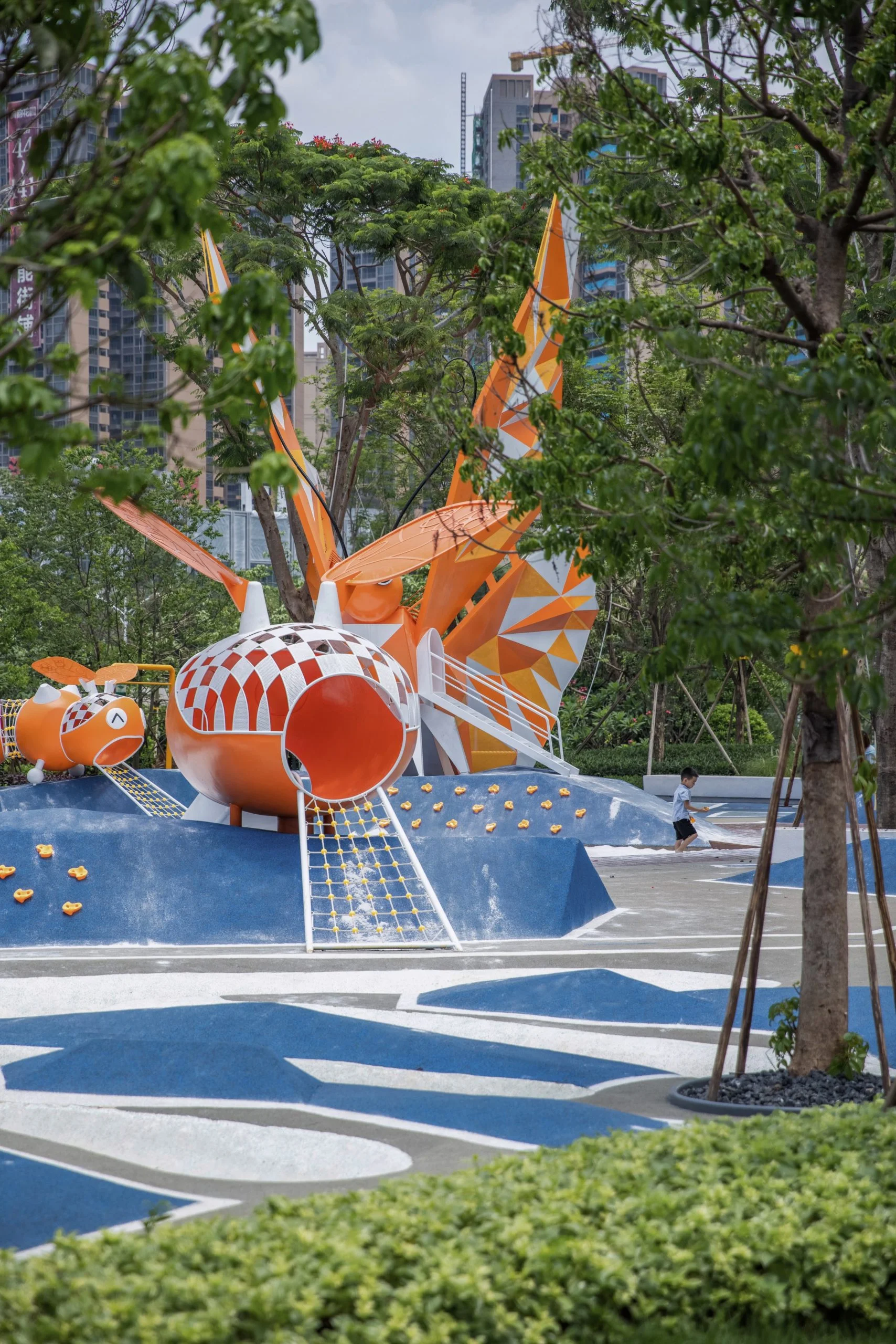 Butterfly Theme Outdoor Playground using Galvanized Steel & HDPE with orange insect pods and blue mounds for Singapore urban parks