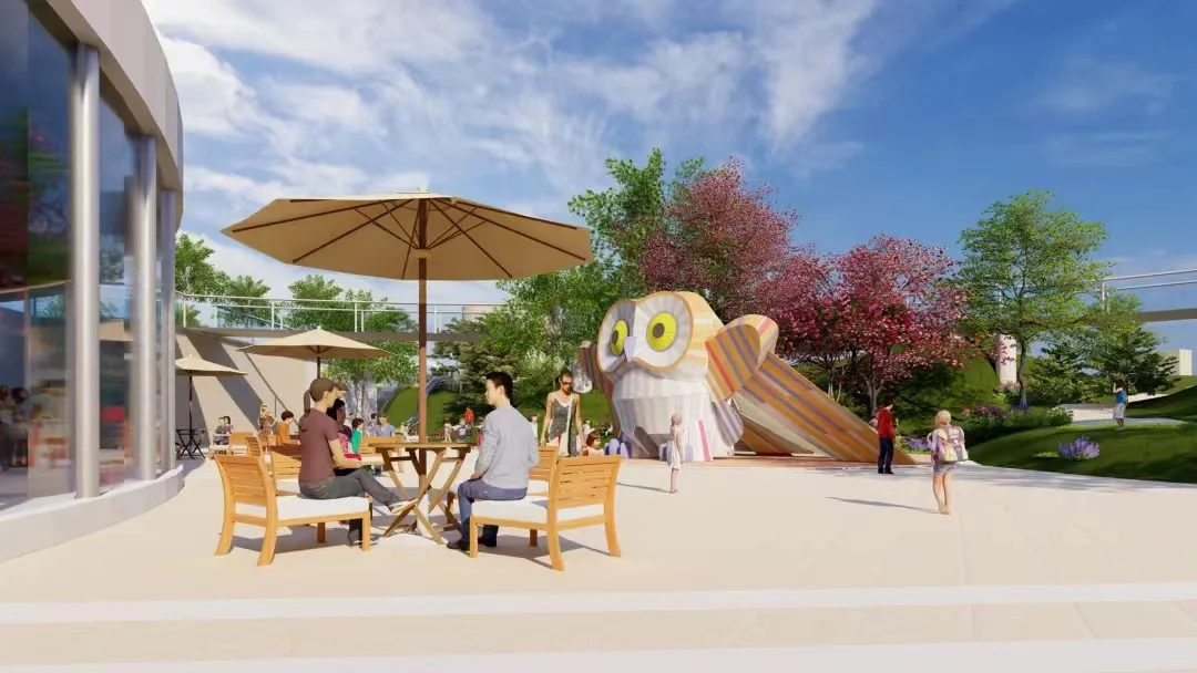 Owl-Themed Multi-Functional Playground Structure Galvanized Steel & HDPE integrated climbing wall and outdoor seating area for Dubai