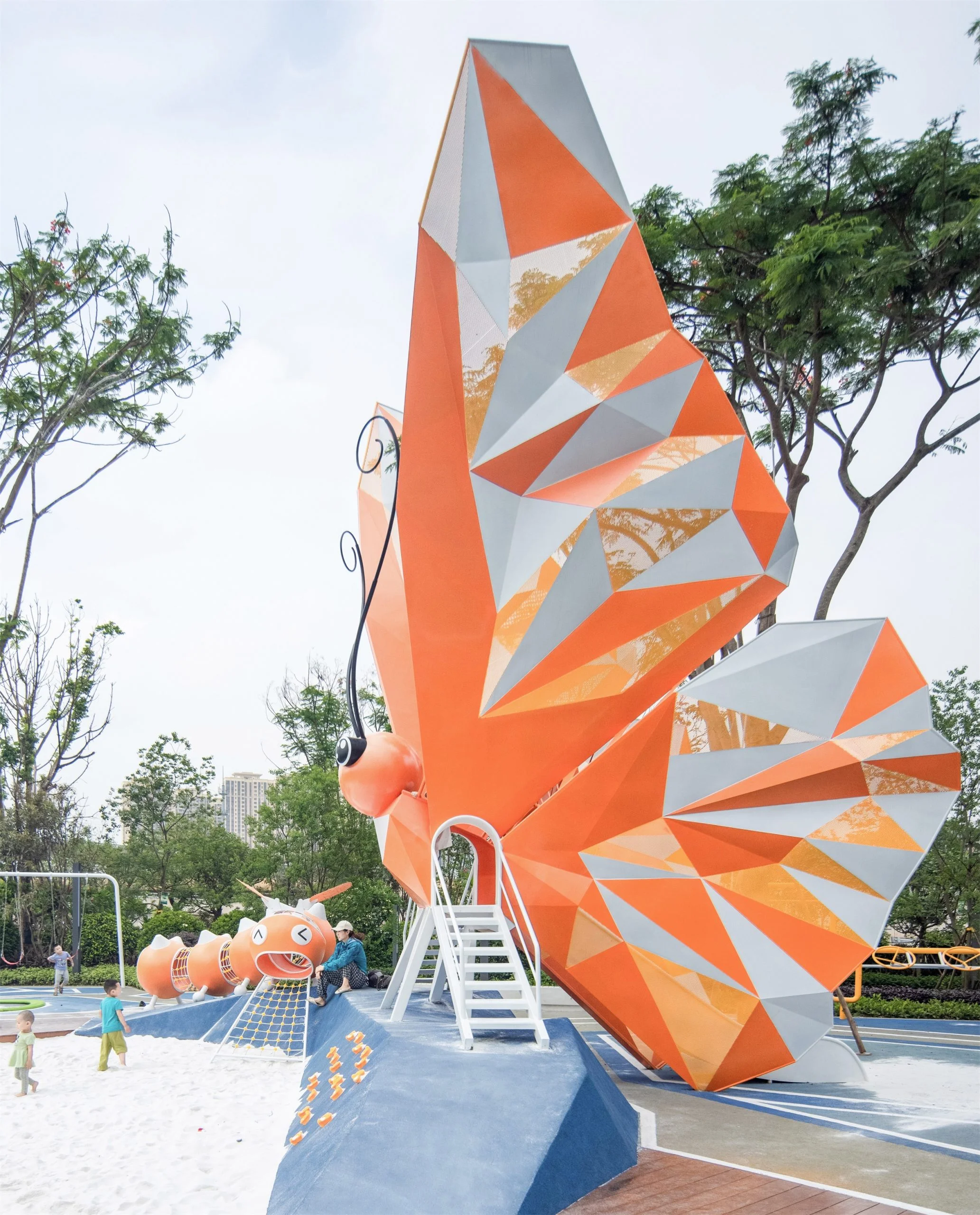Butterfly Theme Outdoor Playground crafted from Galvanized Steel & HDPE with orange geometric butterfly wings for Singapore urban parks