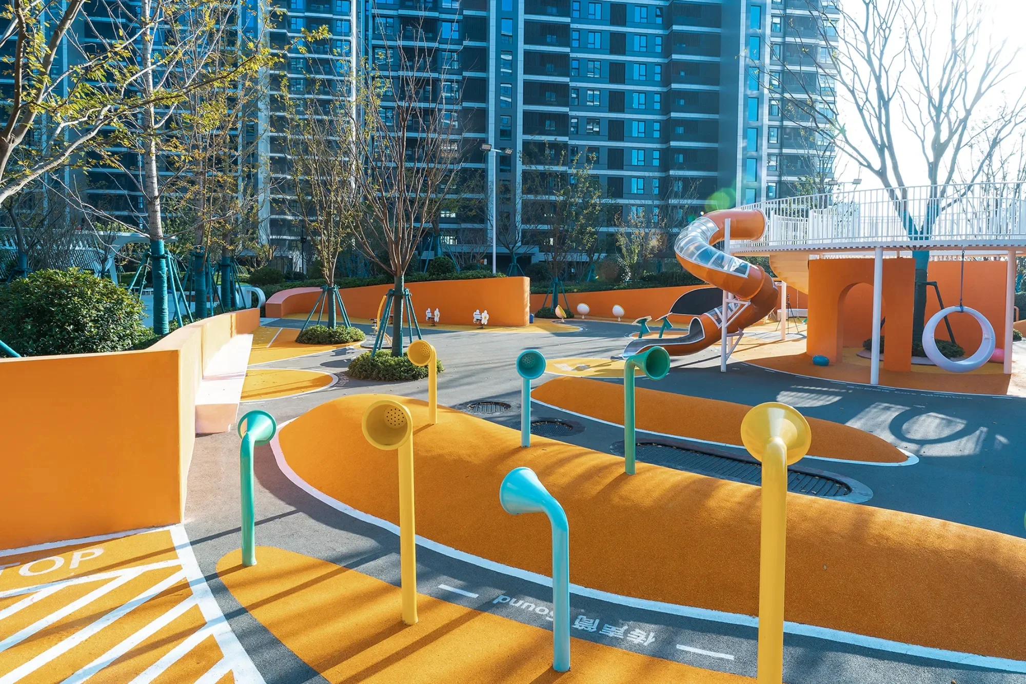 Adventure Mound Playground Galvanized Steel & HDPE colorful talk tubes and orange spiral slide for Singapore