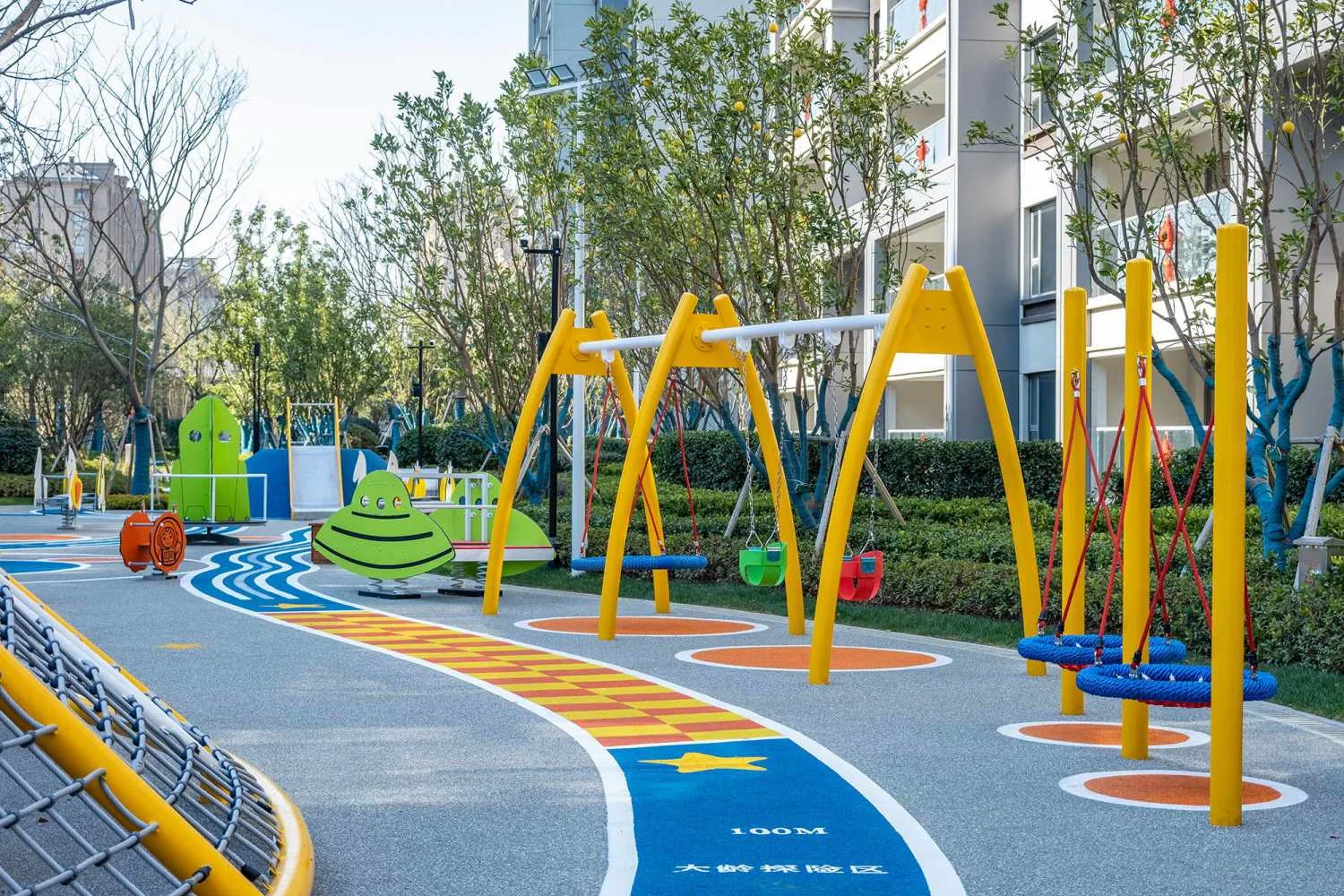 Integrated Multi-Functional Outdoor Play Zone Galvanized Steel & HDPE yellow swing sets and green spring riders for Singapore urban parks