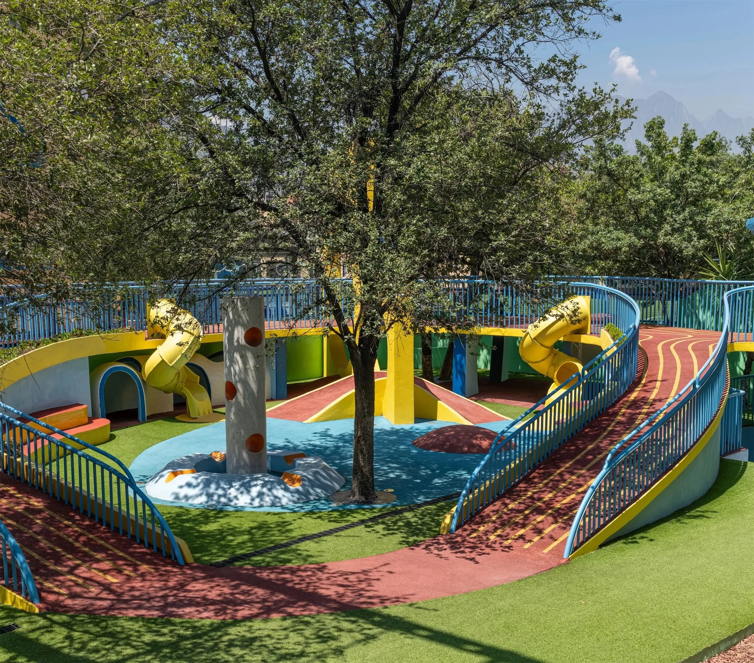 Multi-Level Adventure Playground Galvanized Steel & HDPE expansive multi-level structure with central tree for Mexico City