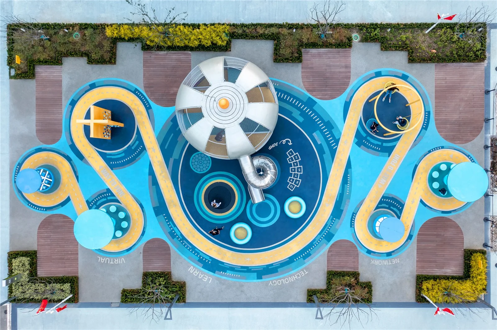 Futuristic Space-Themed Outdoor Playground Galvanized Steel & HDPE overhead view of the dome and winding paths for Singapore