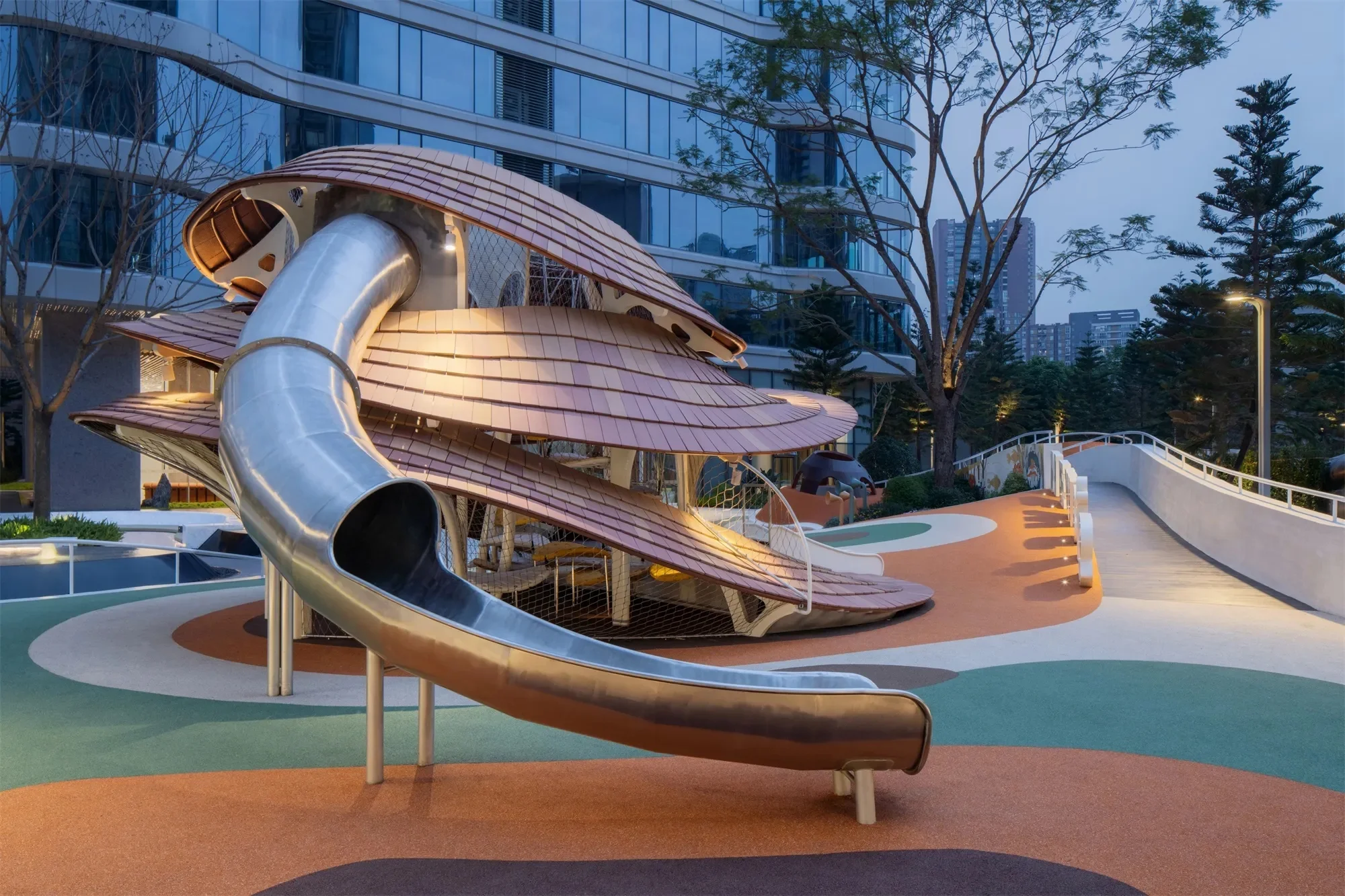 Tiered Shell Architectural Playground Galvanized Steel & HDPE stainless steel slide and tiered shell design for Singapore