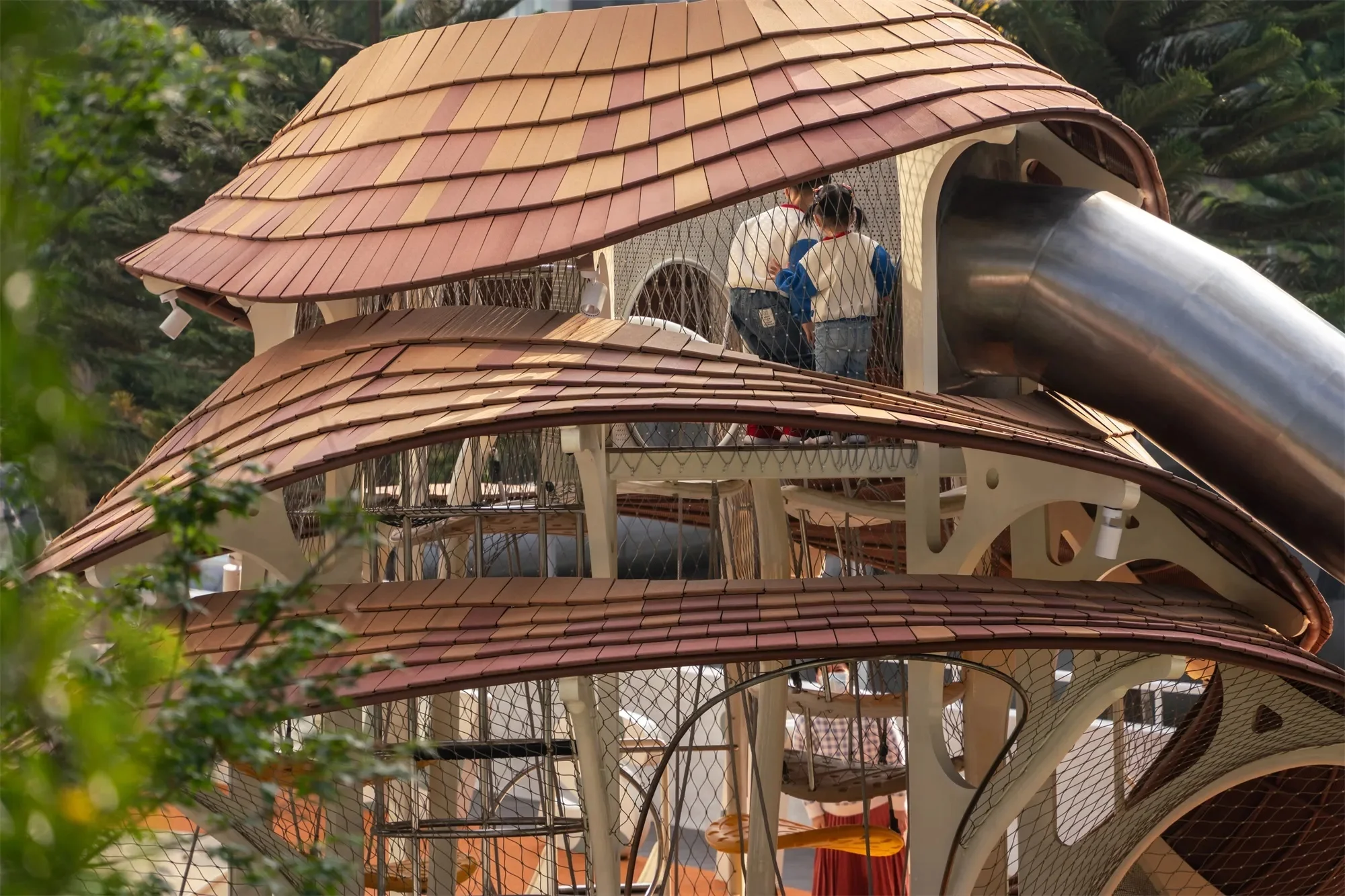 Tiered Shell Architectural Playground Galvanized Steel & HDPE close-up of safety netting and layered panels for Singapore