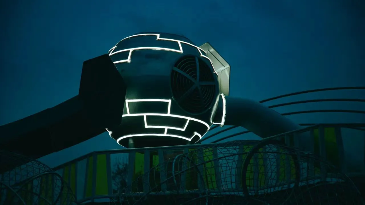 Futuristic Space Capsule Slide featuring galvanized steel and polycarbonate with sci-fi spherical capsule design for Dubai urban parks