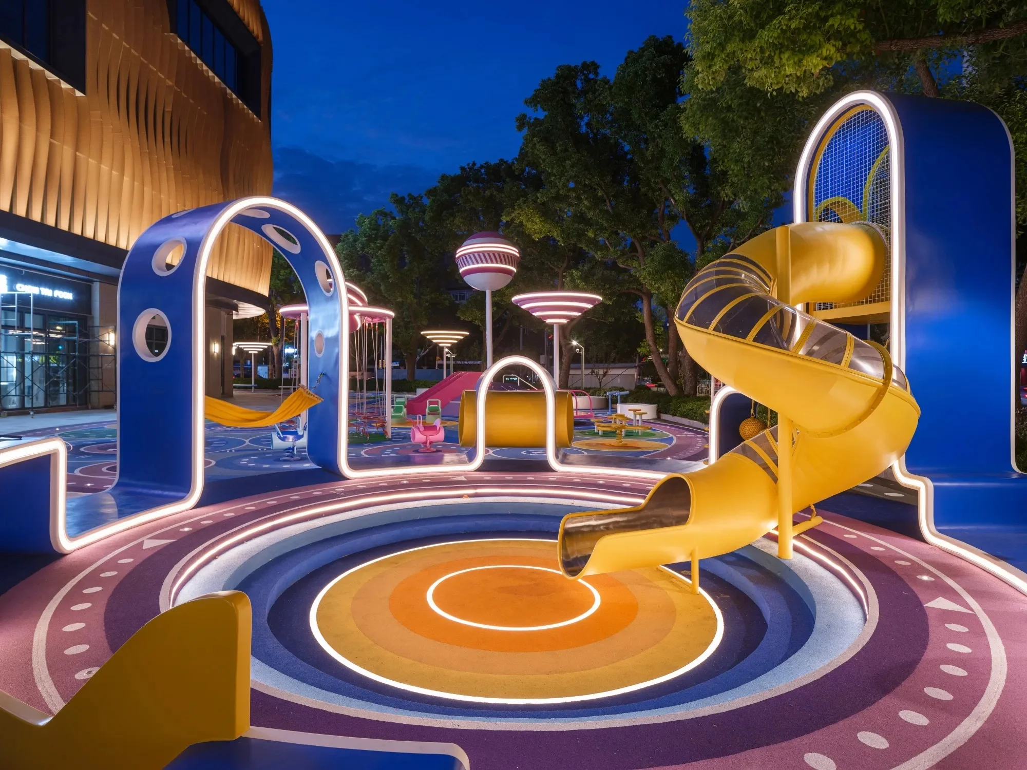 Vibrant Galaxy Theme Outdoor Playground Galvanized Steel & HDPE glowing circular ground patterns and yellow spiral slide for Berlin