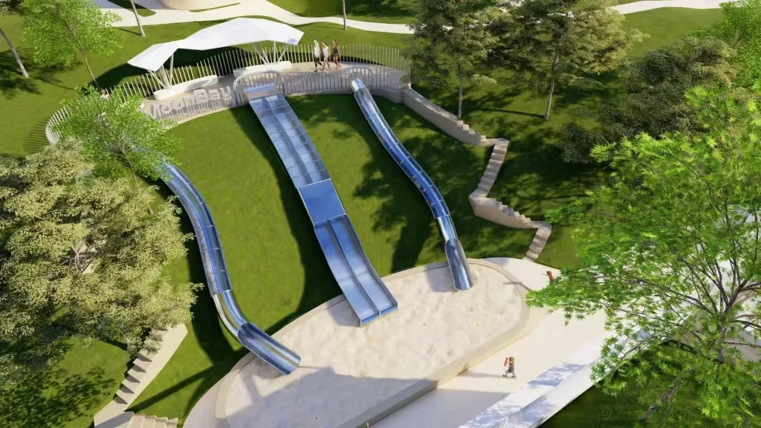 Stainless Steel Hillside Slide System polished stainless steel and grass three chutes with sand landing zone for Singapore