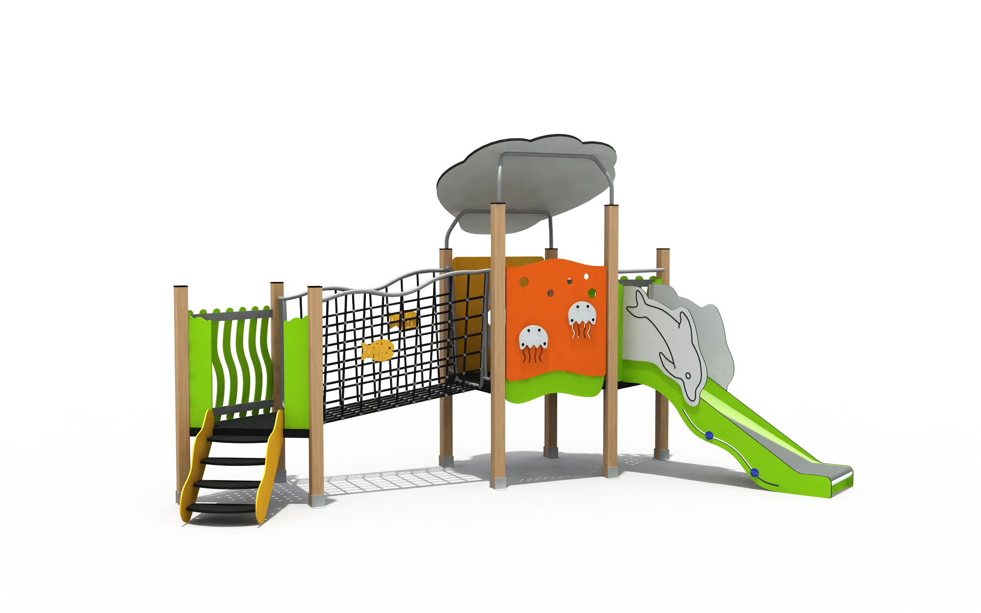 Chef Theme Outdoor Playground in Galvanized Steel & HDPE with a dolphin slide and jellyfish themed panels for Warsaw