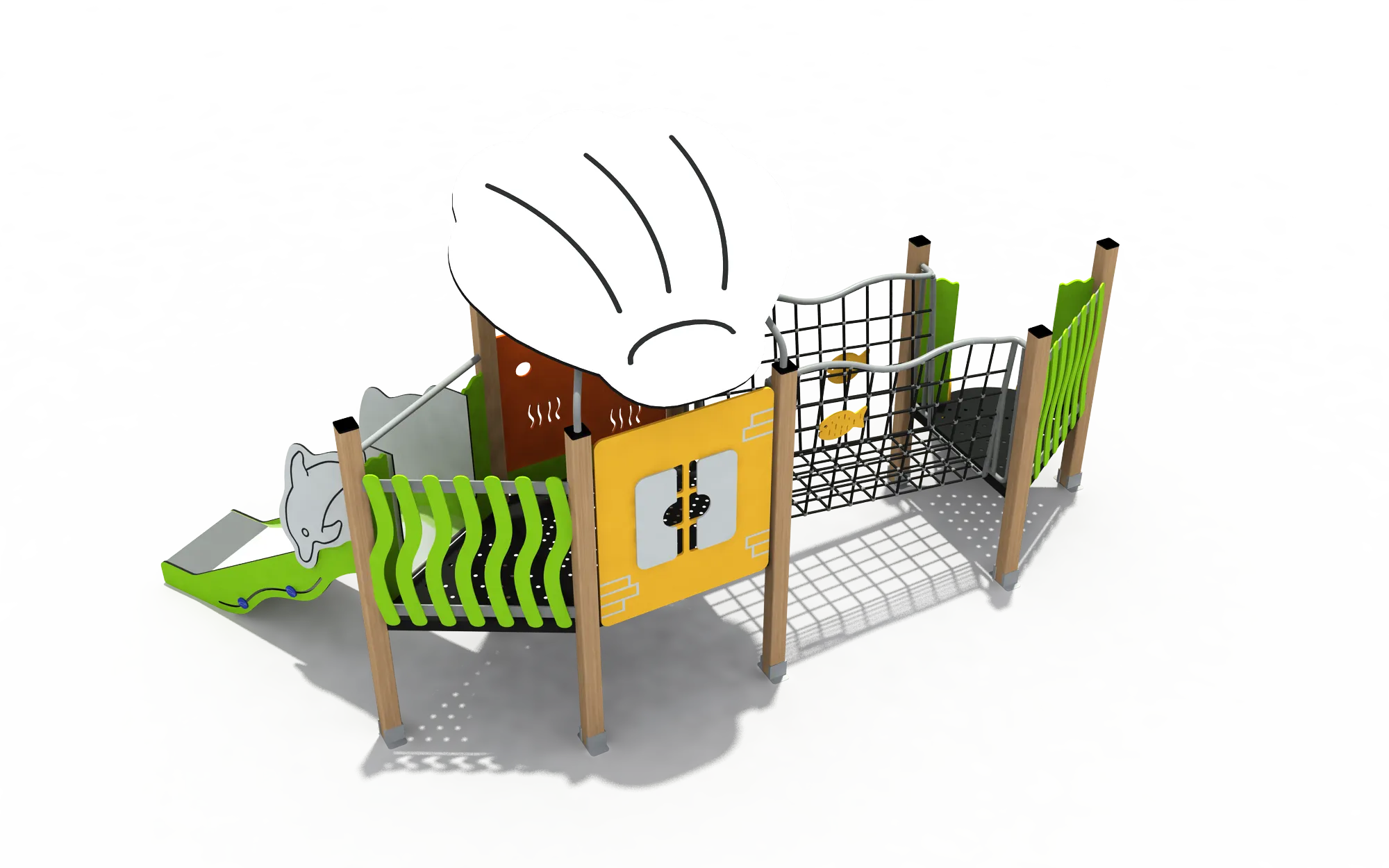 Chef Theme Outdoor Playground in Galvanized Steel & HDPE featuring a chef hat roof and yellow activity panel for Warsaw