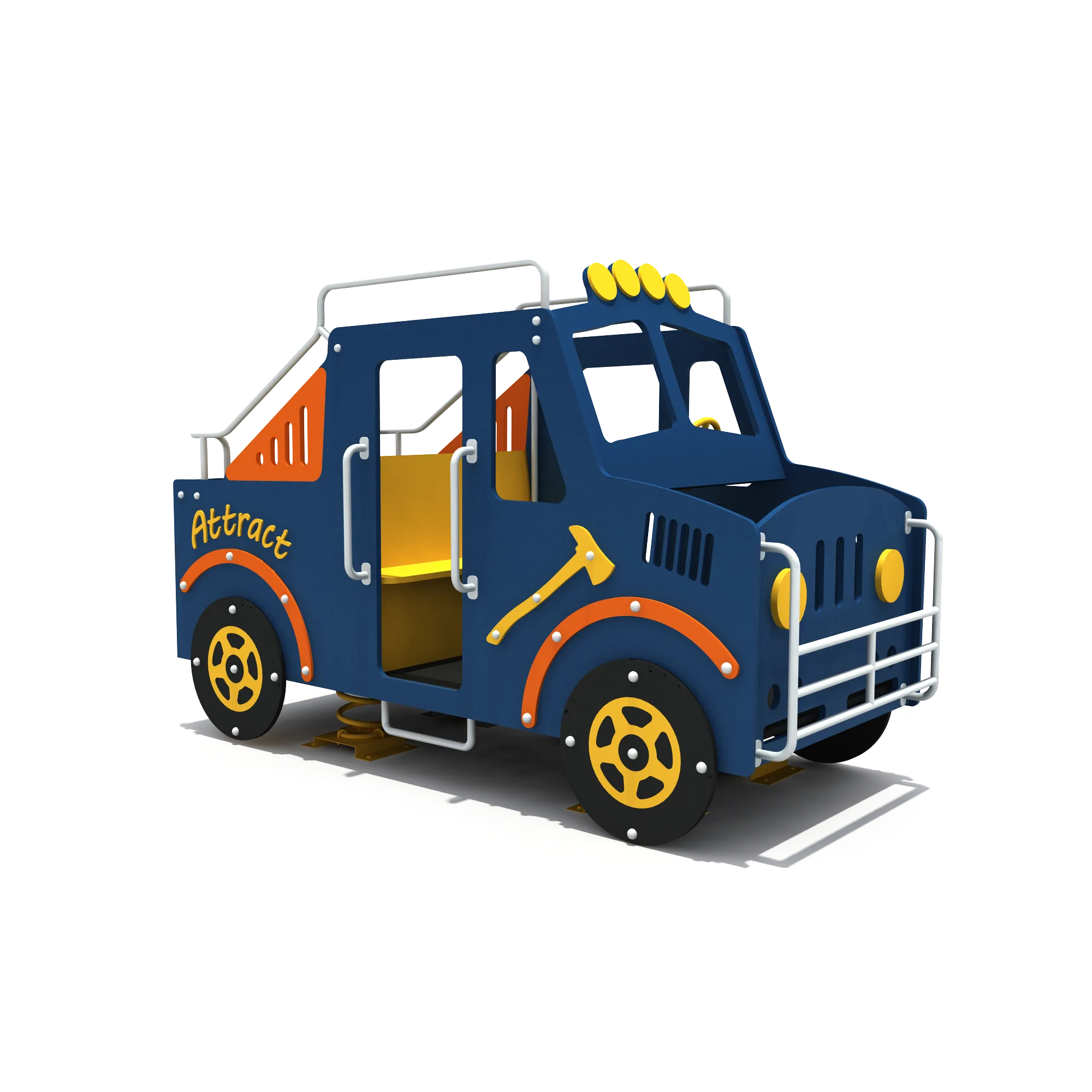 Blue Truck Spring Rider in UV-stabilized HDPE & Galvanized Steel Springs with front grill and safety rails for Warsaw kindergarten.