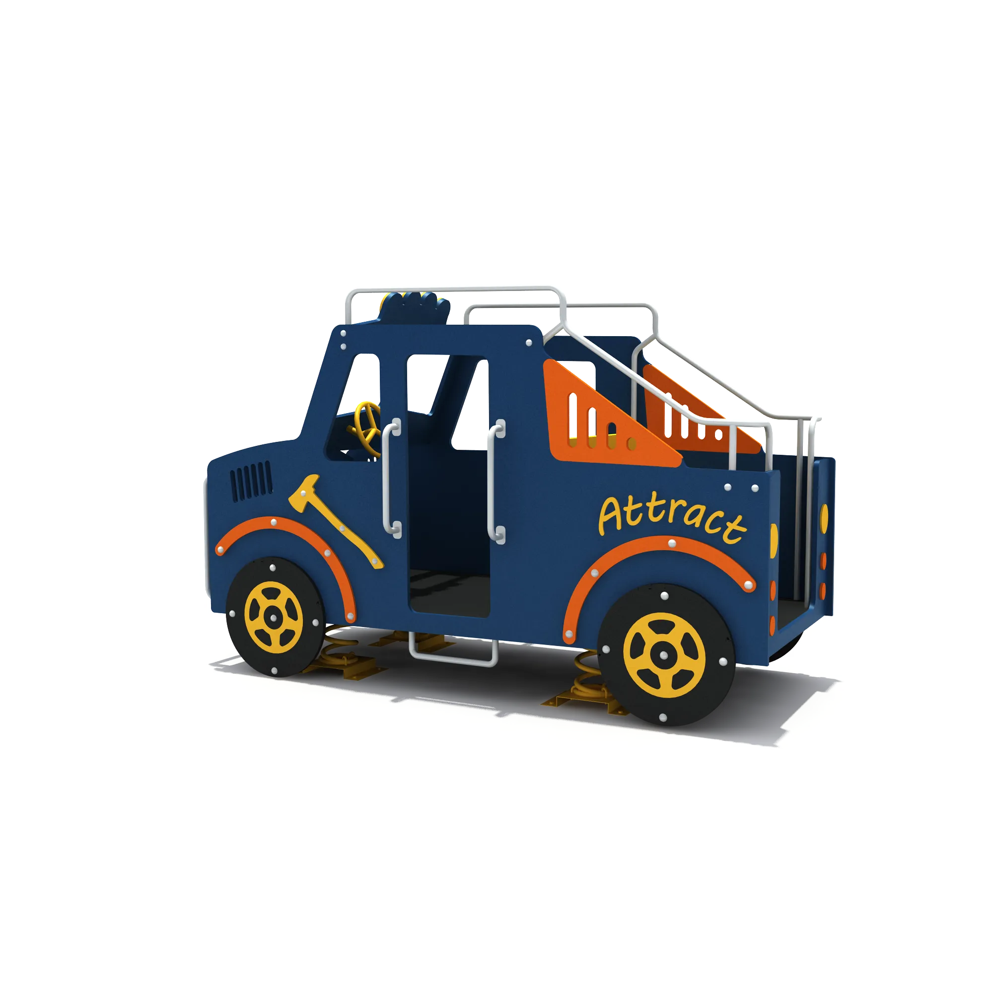 Blue Truck Spring Rider in UV-stabilized HDPE & Galvanized Steel Springs with side Attract graphics for Warsaw kindergarten.