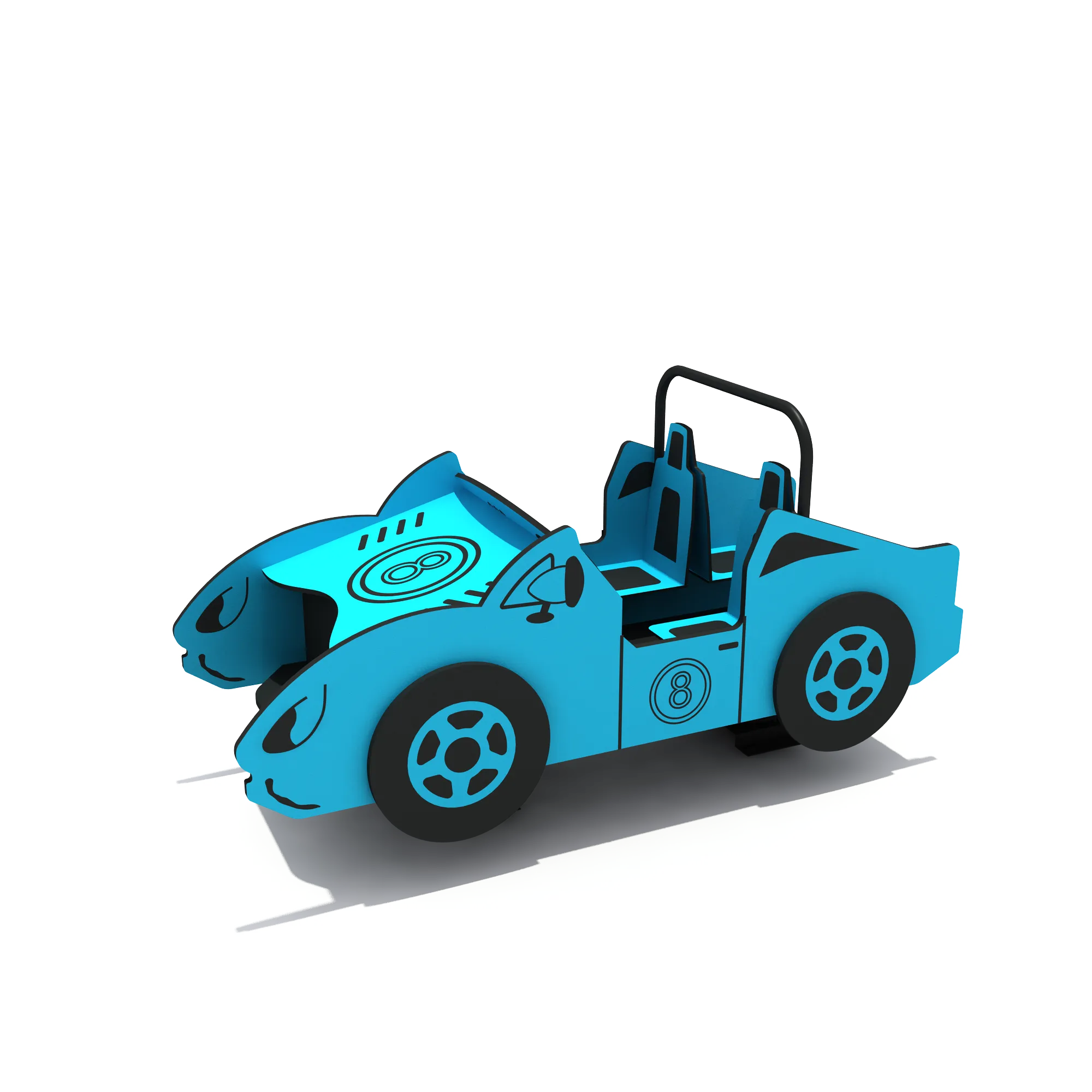 Blue Race Car Spring Rider in Galvanized Steel & HDPE featuring a front profile with sleek racing car graphics for Warsaw parks