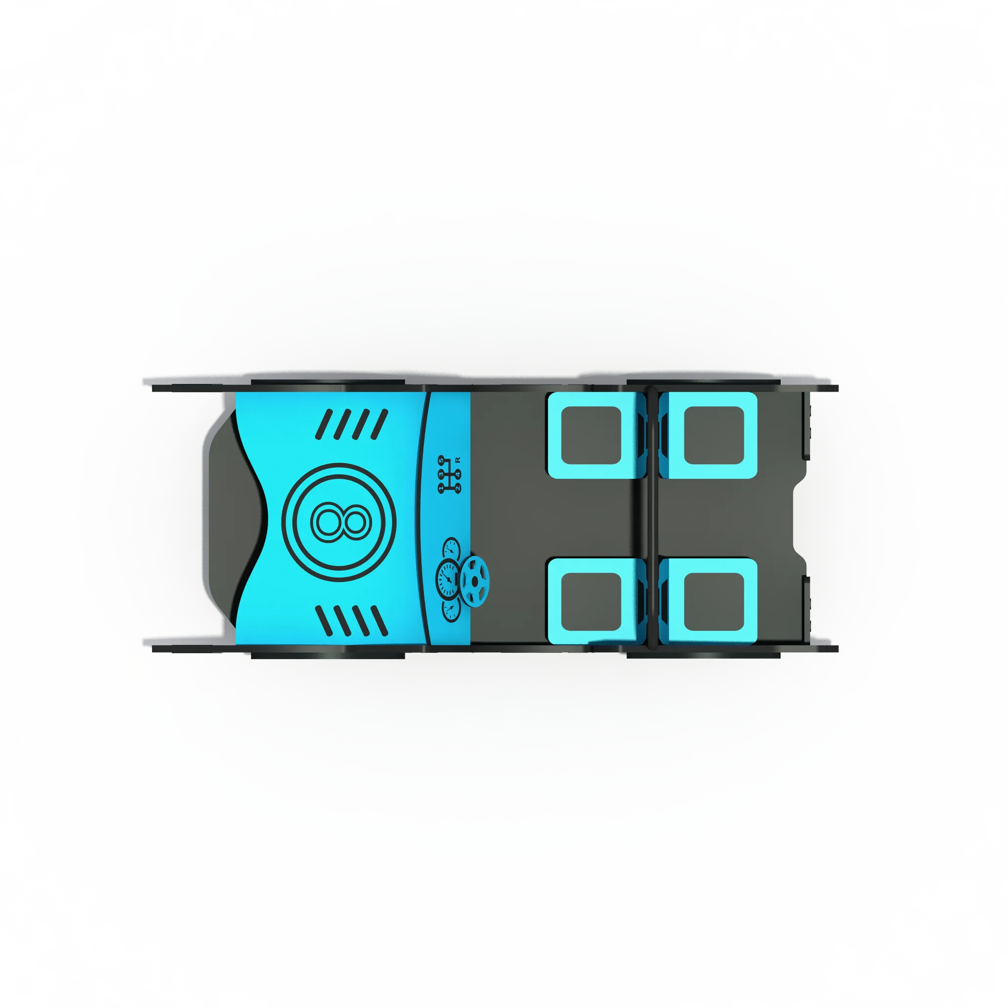 Blue Race Car Spring Rider in Galvanized Steel & HDPE with a top-down view of the four-seat interior and dashboard for Warsaw parks