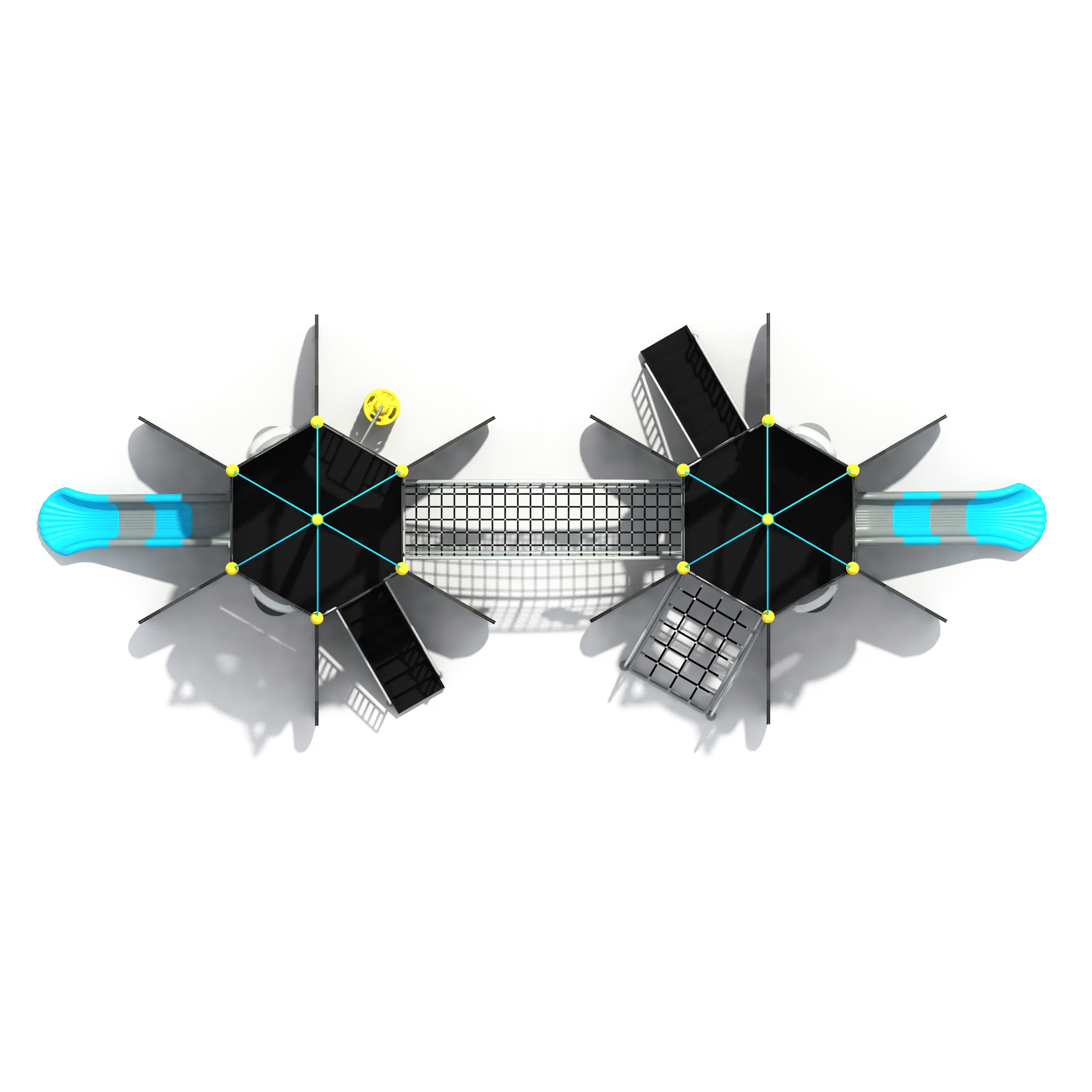 Rocket Space Station Playground Galvanized Steel & HDPE top-down view of hexagonal roofs and bridge for Singapore