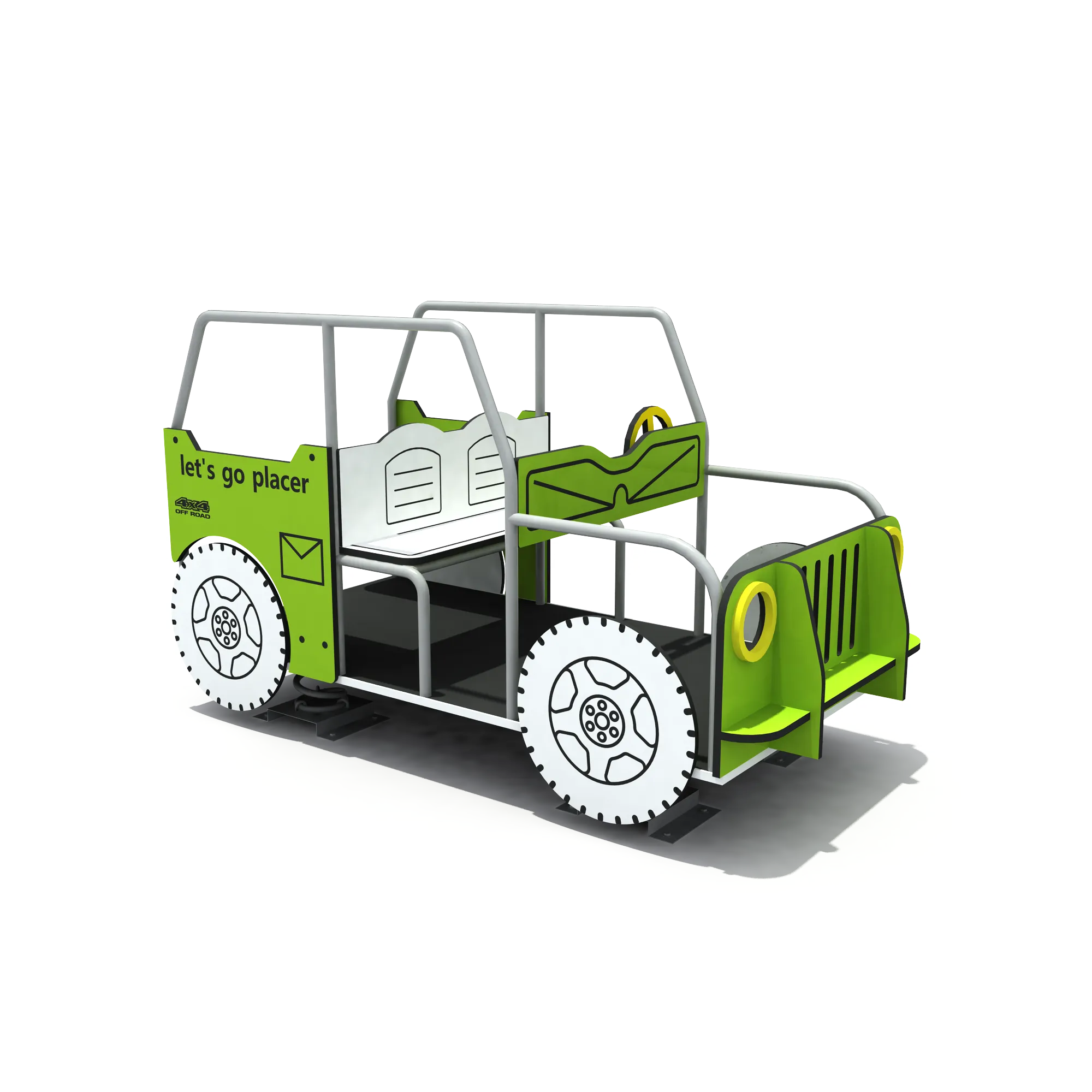 Jeep Spring Rider Play Car in Galvanized Steel & HDPE with steering wheel and white wheels for Warsaw residential parks.