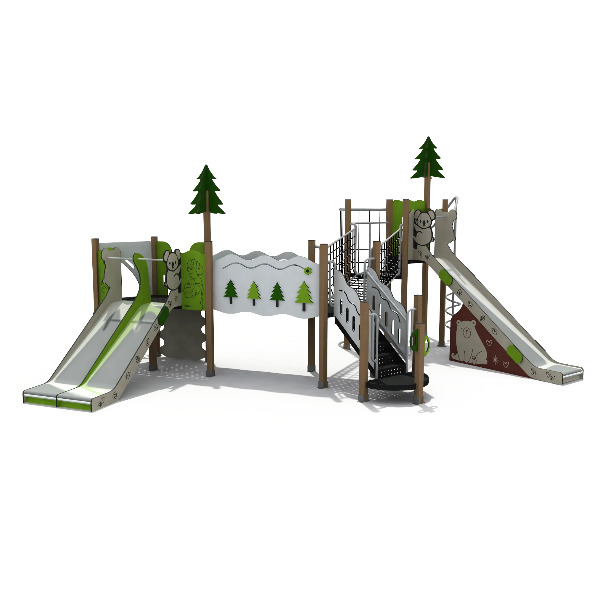 Forest Adventure Multi-Play System in Galvanized Steel & HDPE featuring double slide and animal themed panels for Berlin