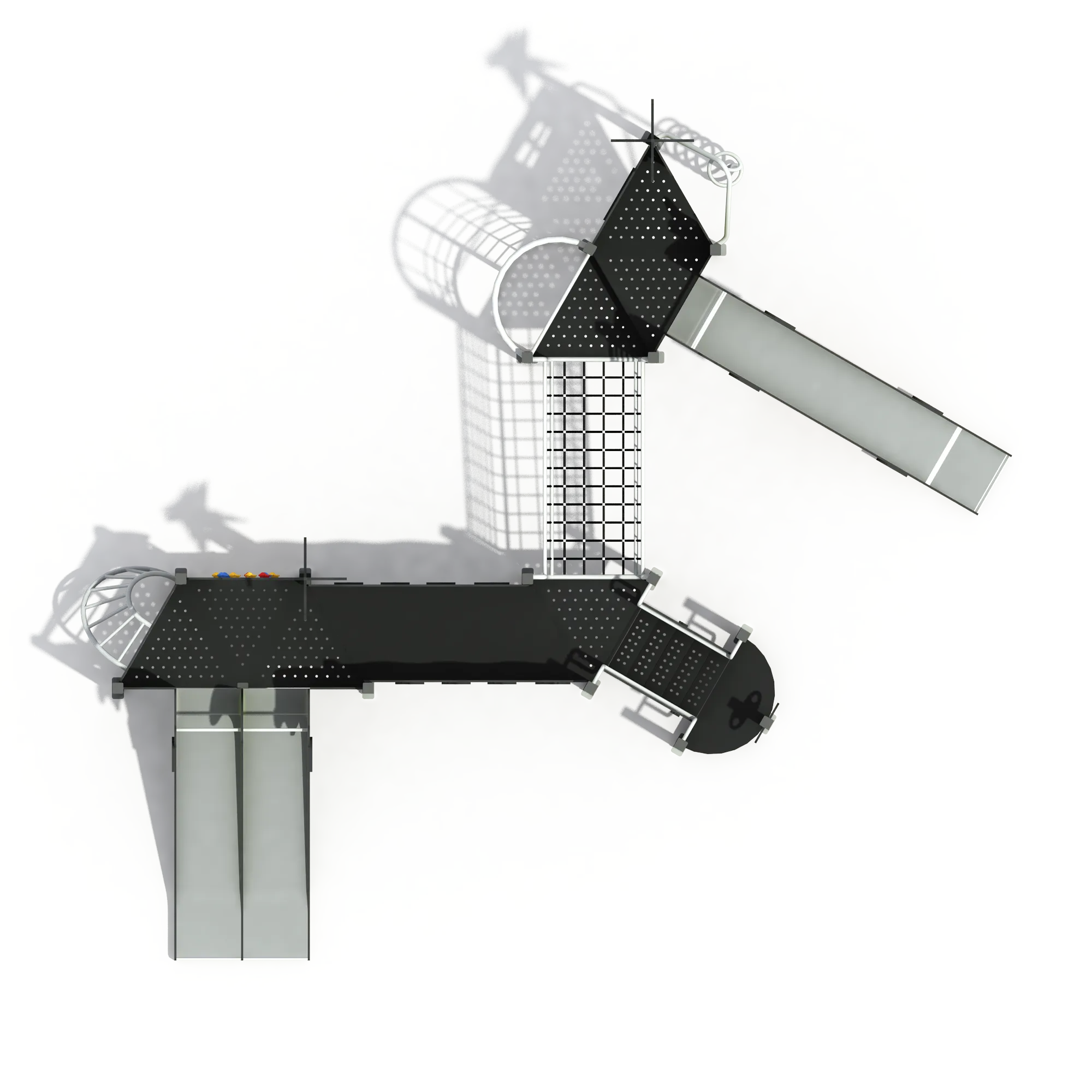 Forest Adventure Multi-Play System in Galvanized Steel & HDPE showing top-down layout of platforms and slides for Berlin