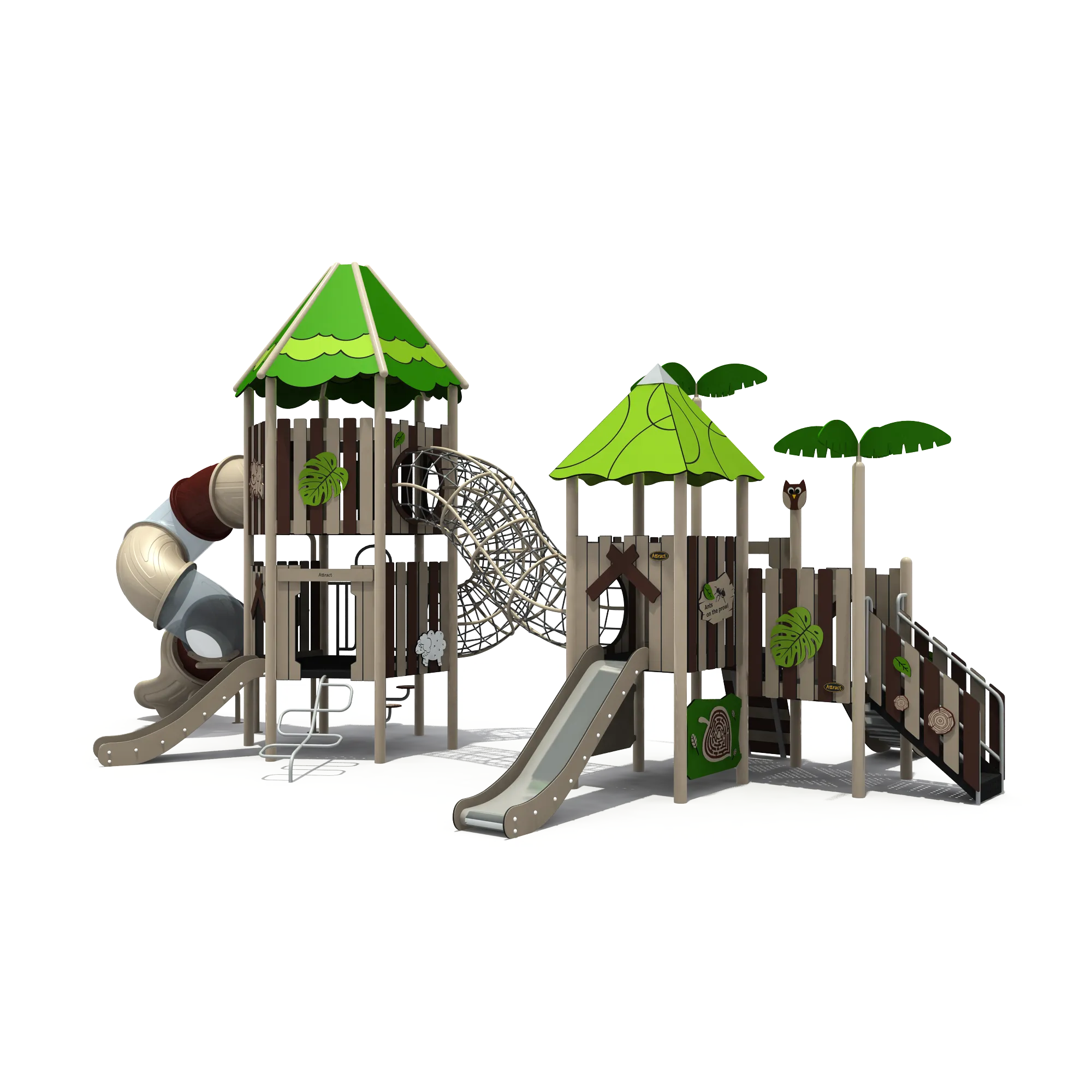 Nature-Themed Multi-Level Playground Structure in Food-grade LLDPE, Galvanized Steel, and Nylon Rope with climbing stairs for Warsaw