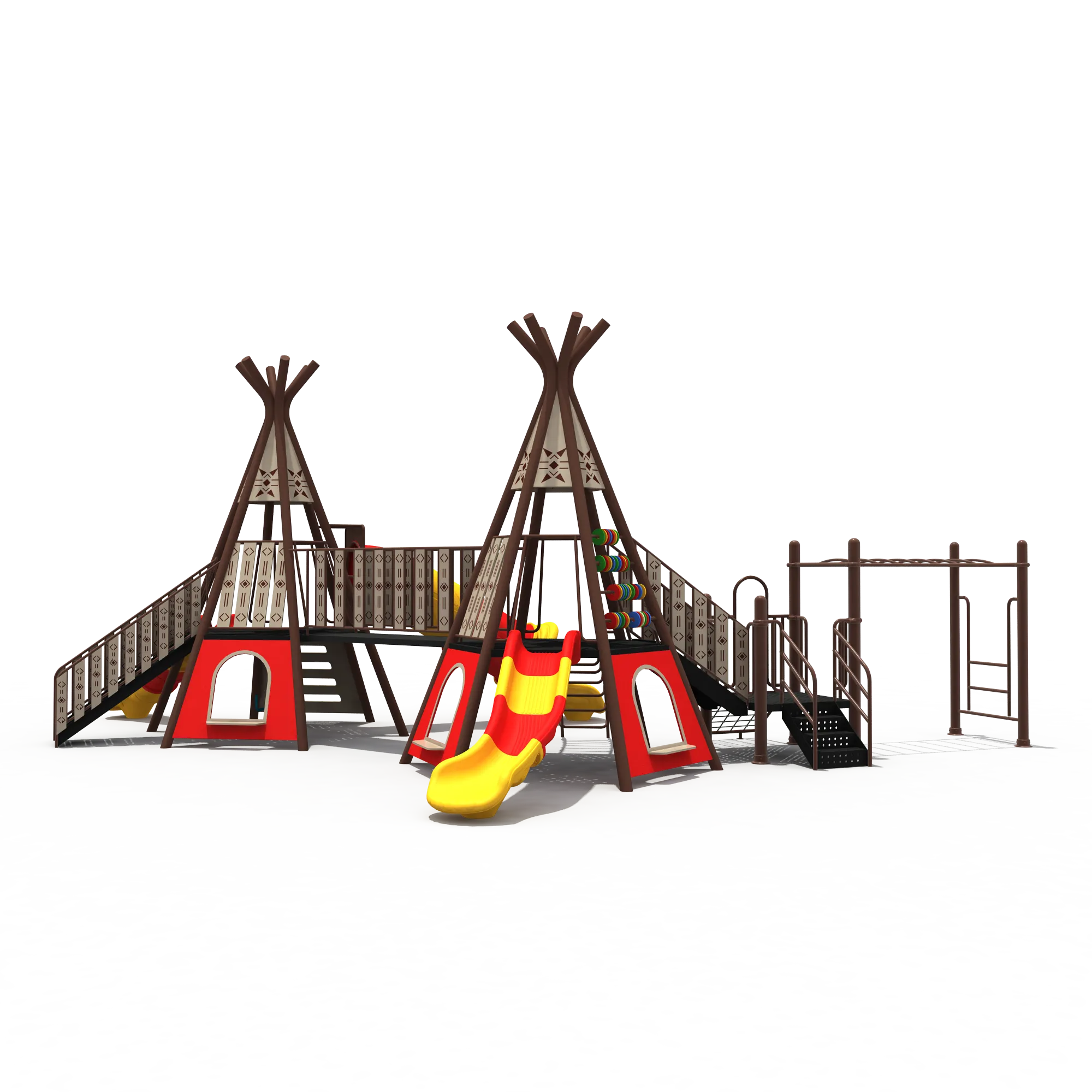 Tribal Teepee Adventure Playground Galvanized Steel & HDPE rear view with climbing stairs and red panels for Dubai