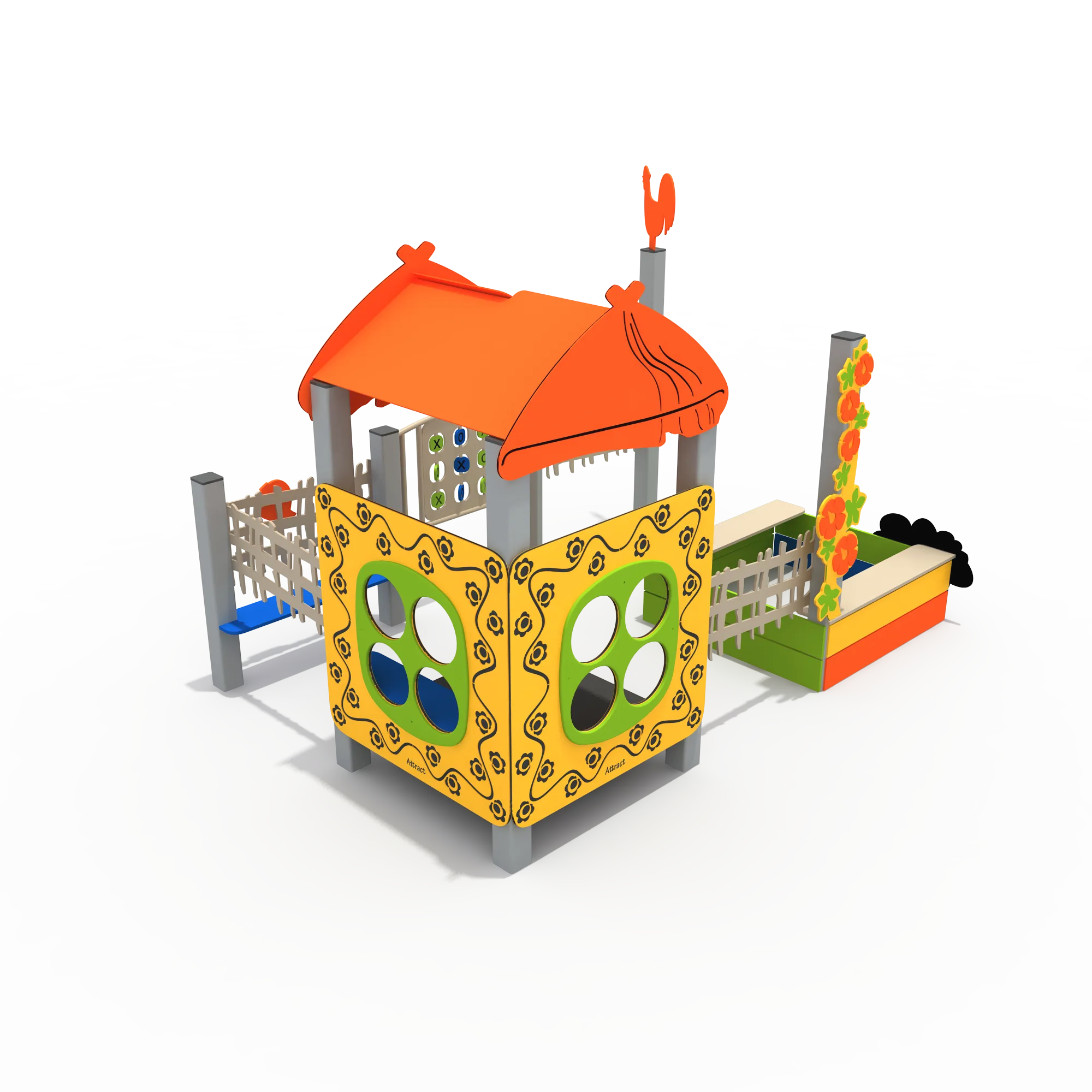 Farmstead Adventure Playhouse with Sandbox Galvanized Steel & HDPE dual window panels and orange roof for Warsaw