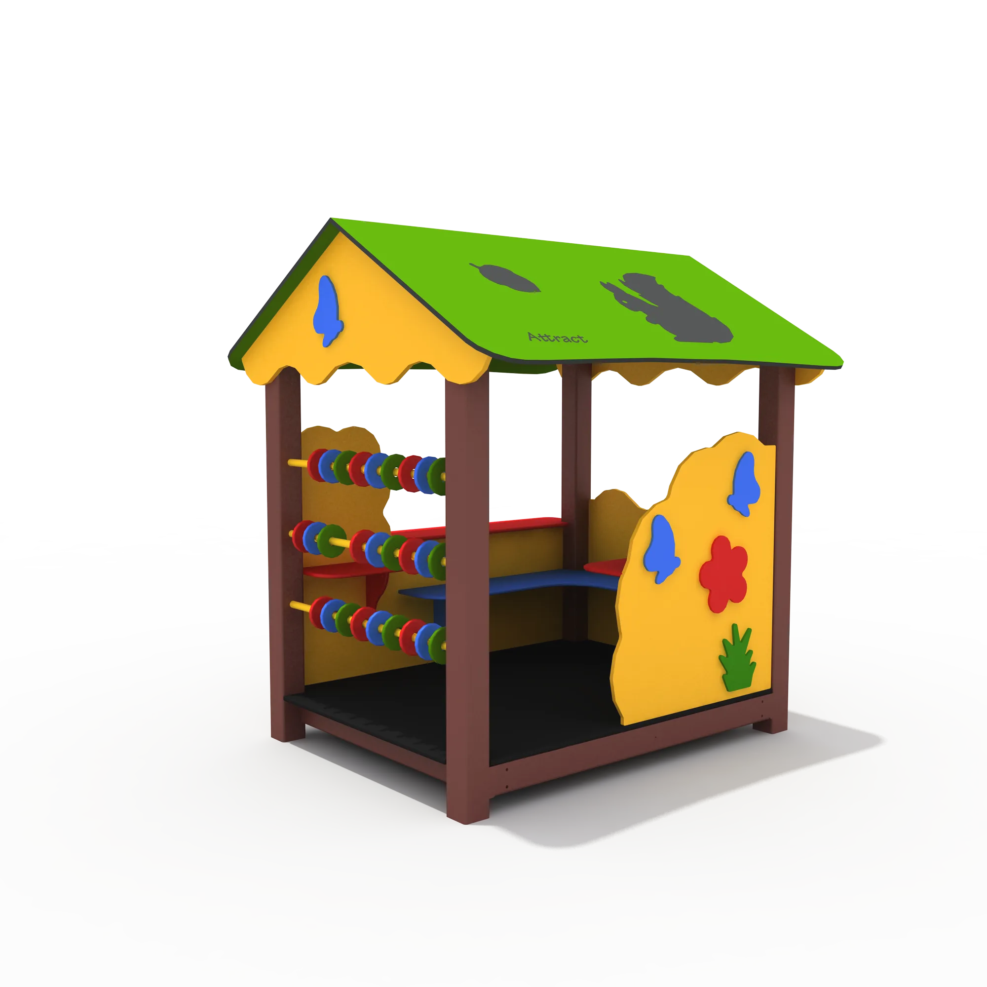 Interactive Nature-Themed Playhouse in Galvanized Steel & HDPE with colorful abacus beads and blue bench for Prague