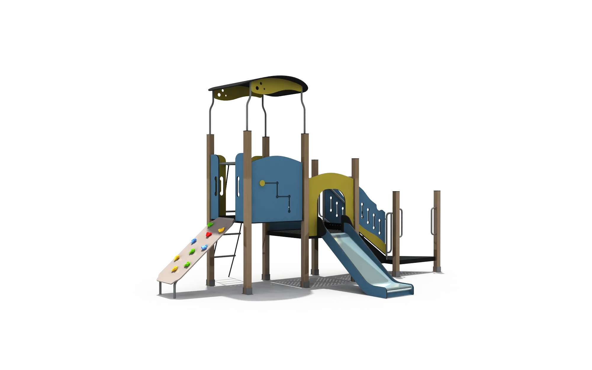 Multi-Level Adventure Playground Galvanized Steel & HDPE blue slide and rock climbing wall for Warsaw