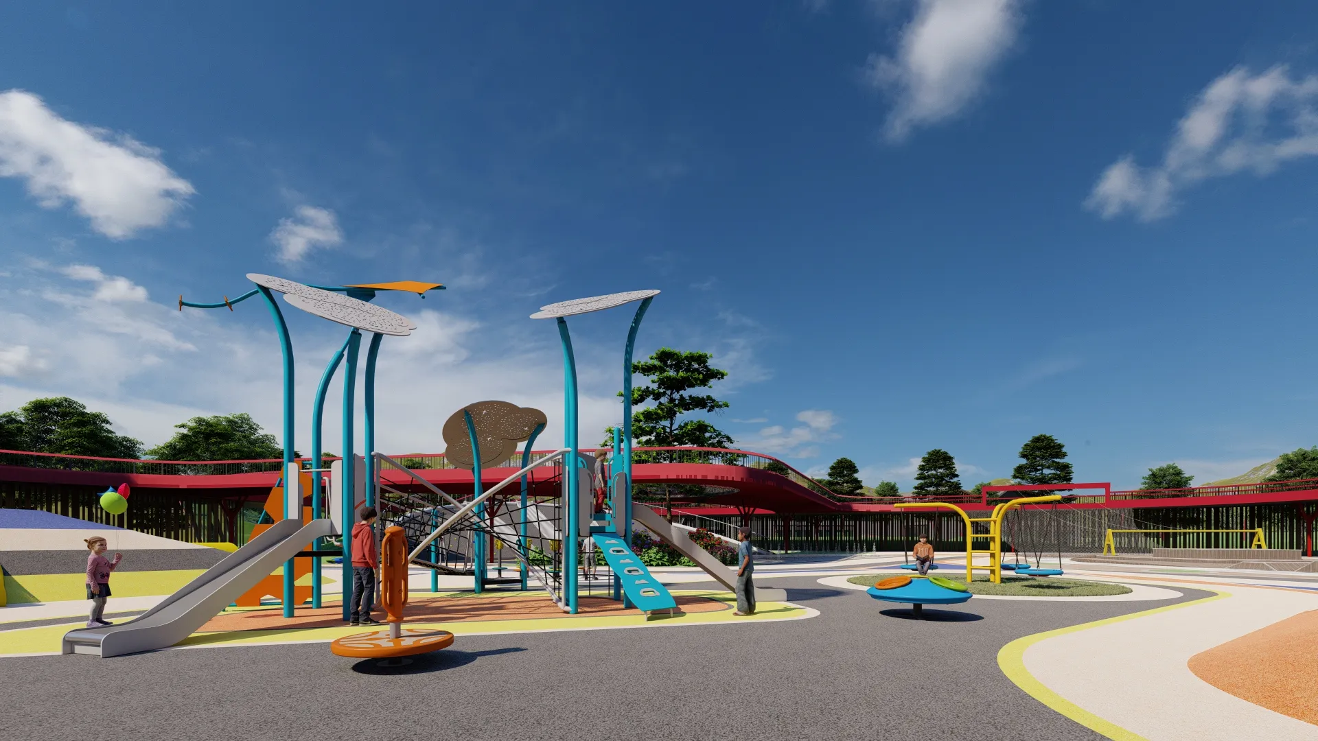 hot air balloon adventure playground themed, Vibrant, Kid-friendly, UV-resistant HPL by HonPlay - material and finish details