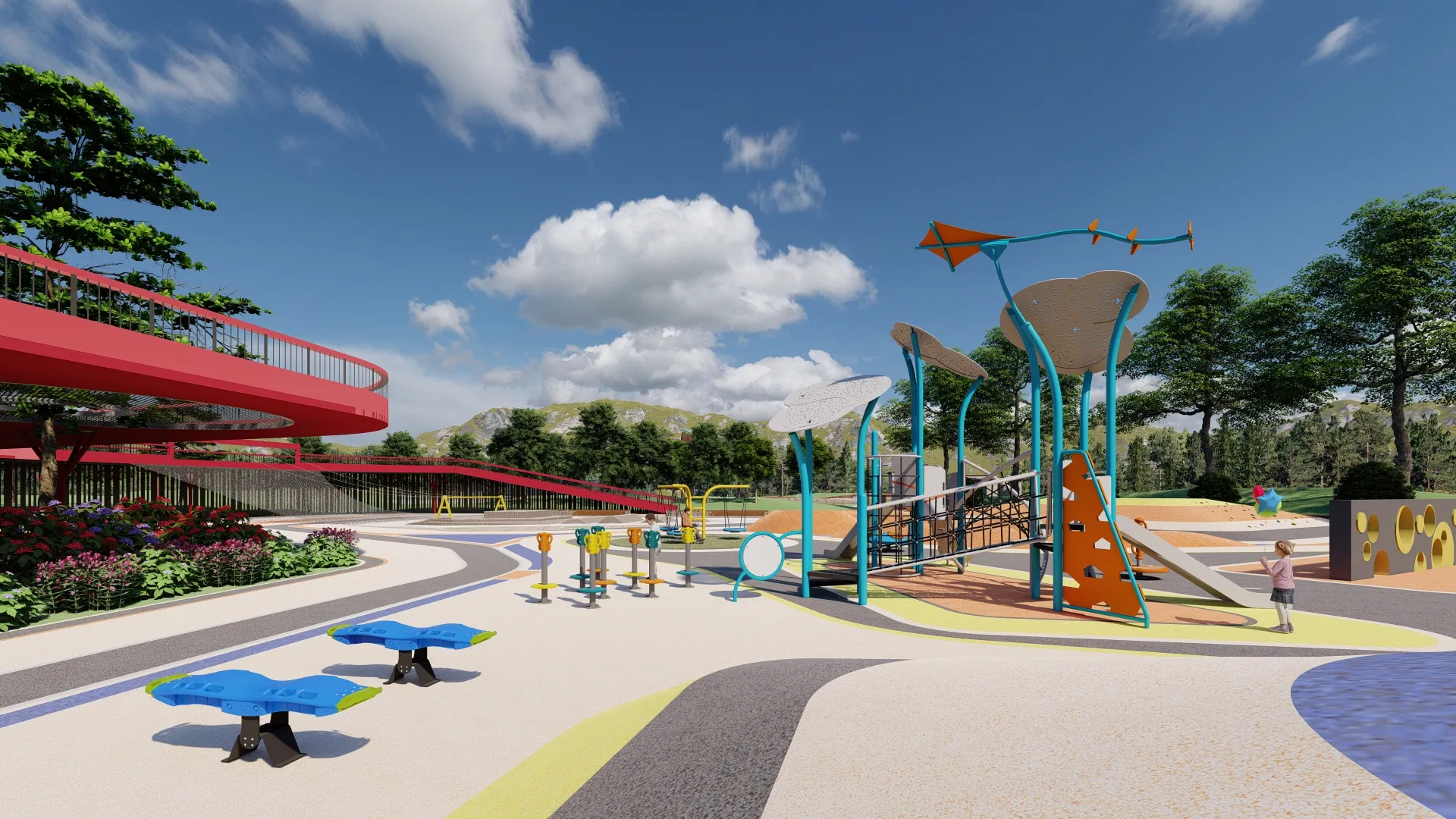 cloud themed multi functional outdoor playground integrated, Vibrant, Kid-friendly, UV-resistant HPL by HonPlay - safety certification and compliance