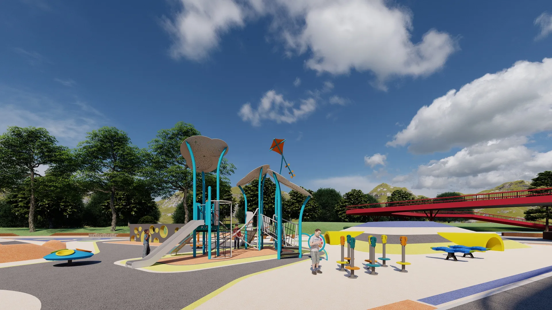 cloud themed multi functional outdoor playground integrated, Vibrant, Kid-friendly, UV-resistant HPL by HonPlay - material and finish details