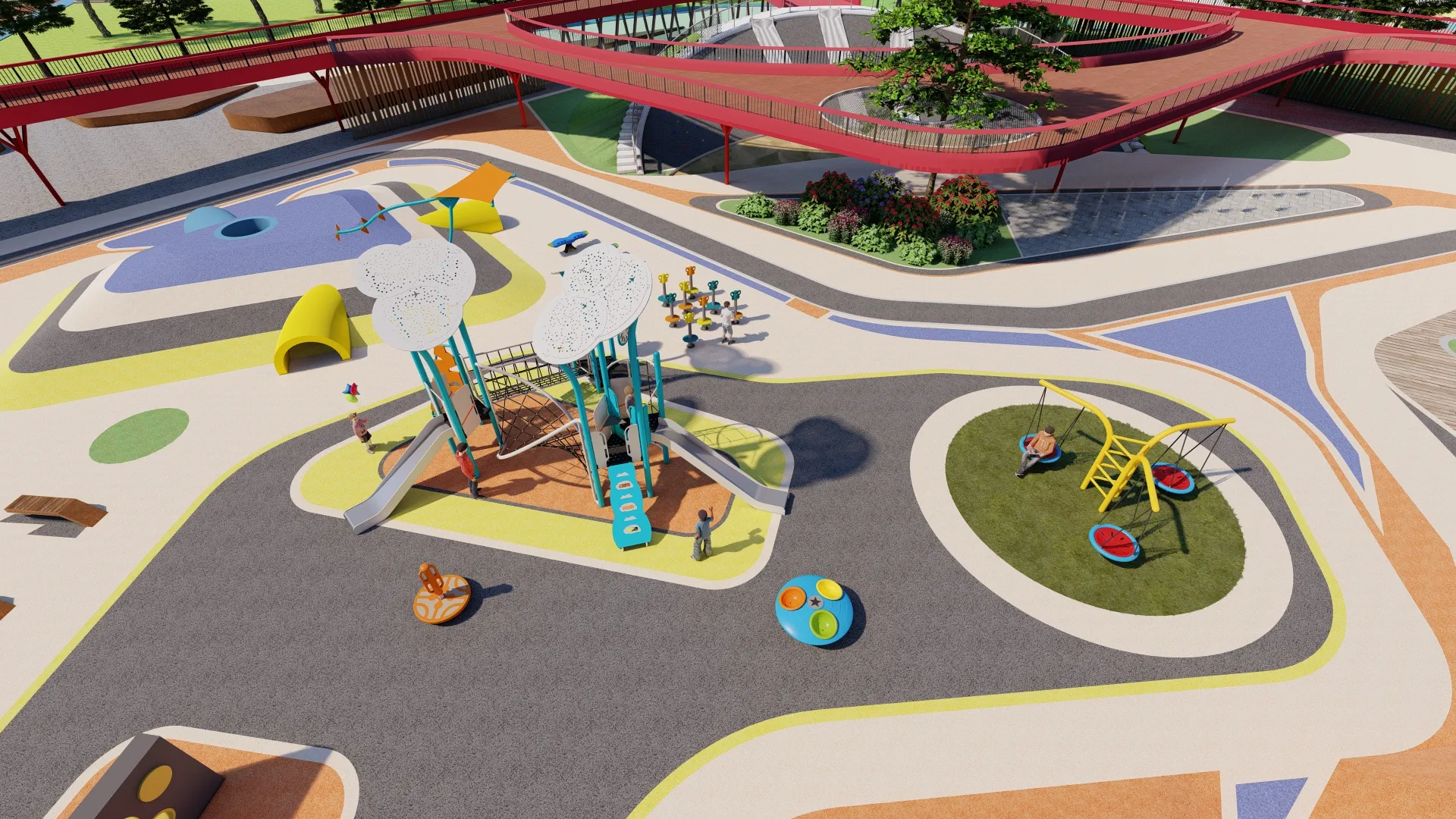 cloud themed multi functional outdoor playground integrated, Vibrant, Kid-friendly, UV-resistant HPL by HonPlay - full product view