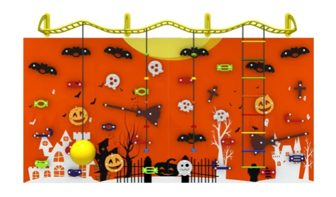 Halloween Theme Interactive Climbing Wall in Galvanized Steel & HDPE with ball-track and rope ladder for London family entertainment centers