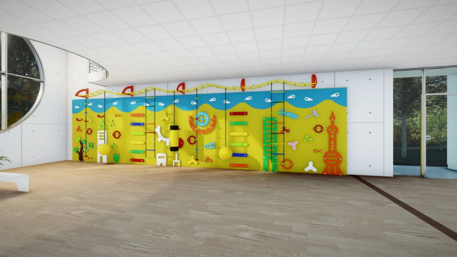 Interactive Sensory Climbing Wall Galvanized Steel & HDPE with colorful interactive gears and tactile sensory panels for Dubai