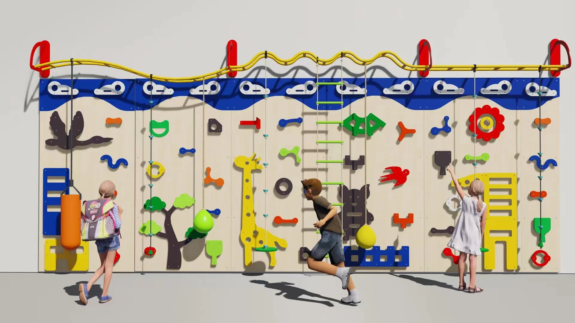 Interactive Wall Climbing & Sensory Play Panel in Galvanized Steel & HDPE with animal-shaped grips and swinging balls for Warsaw
