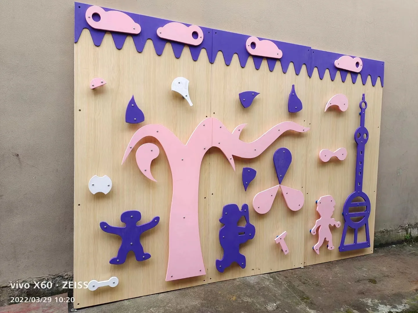 Interactive Wall Climbing Panel made of Galvanized Steel & HDPE with colorful tree and character climbing holds for Berlin