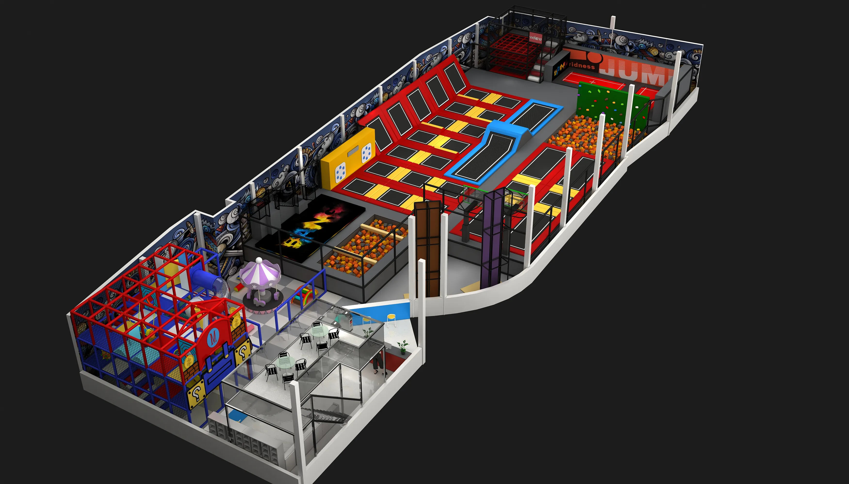 comprehensive indoor trampoline park multi level, Soft Play, Indoor Center, Safe Environment by HonPlay - full product view