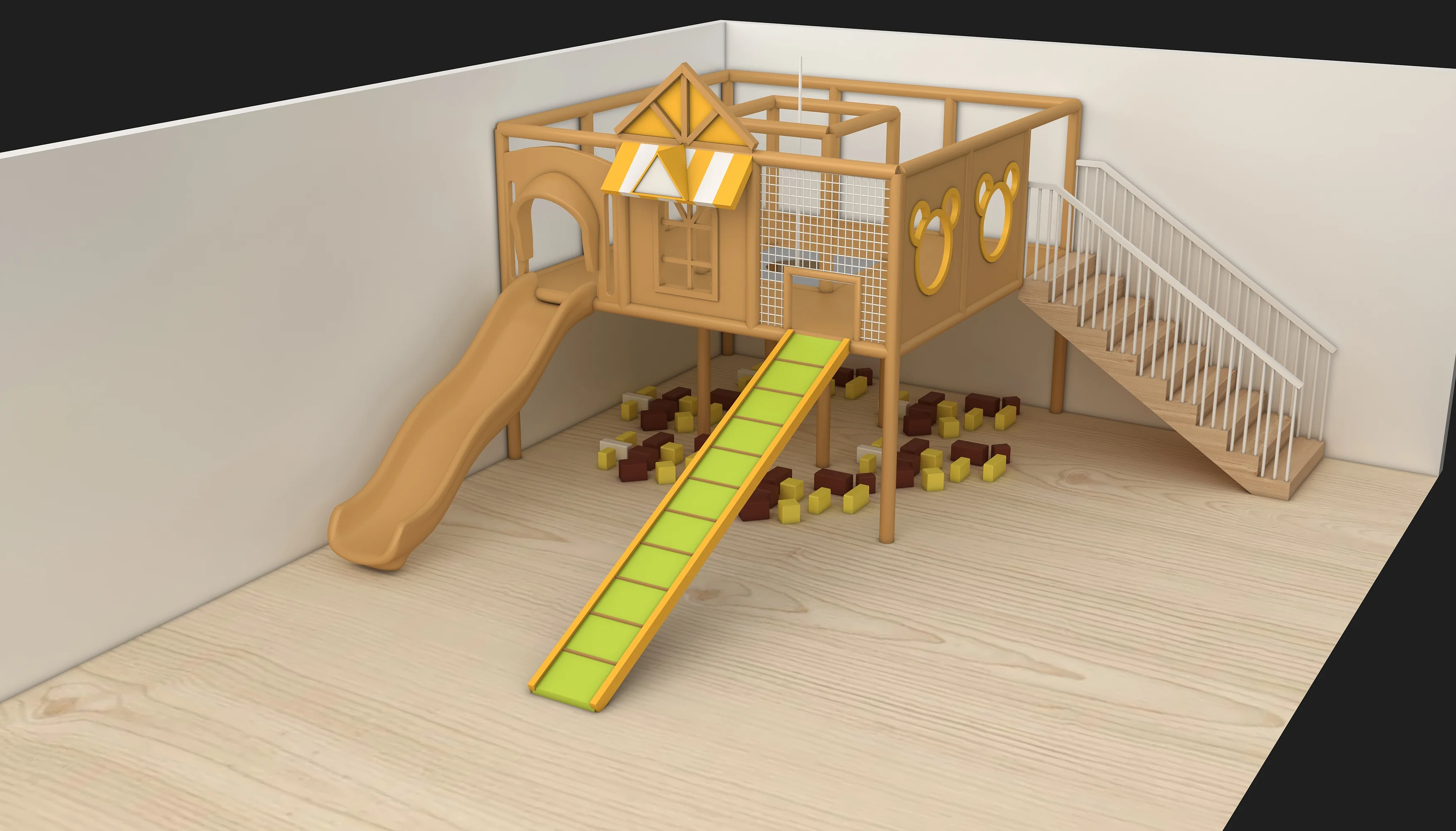 indoor wooden play loft slide eco, Soft Play, Indoor Center, Safe Environment by HonPlay - full product view