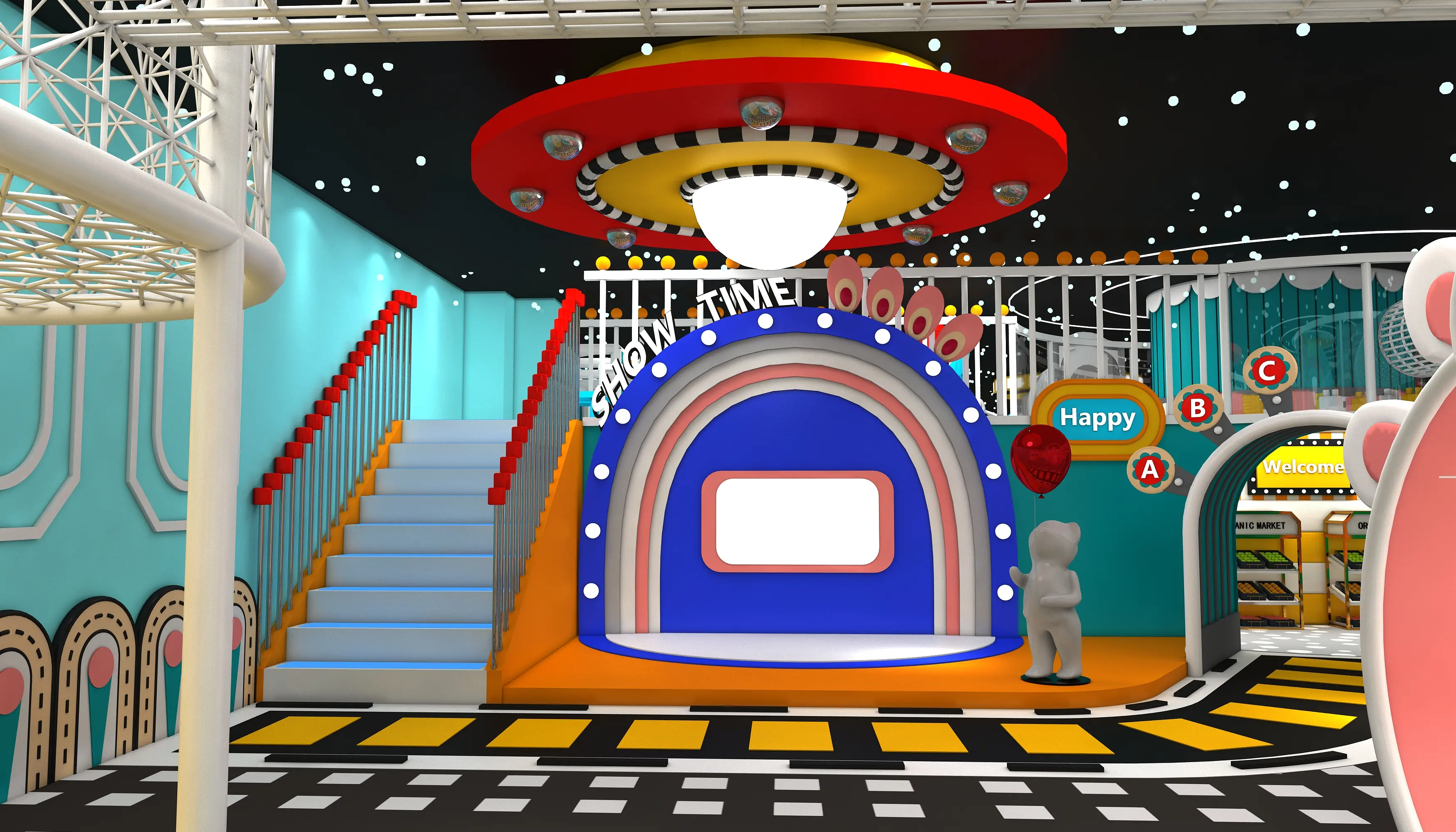 Space Theme Indoor Stage & Role Play Center in Galvanized Steel & HDPE with a Show Time stage and UFO light for Dubai